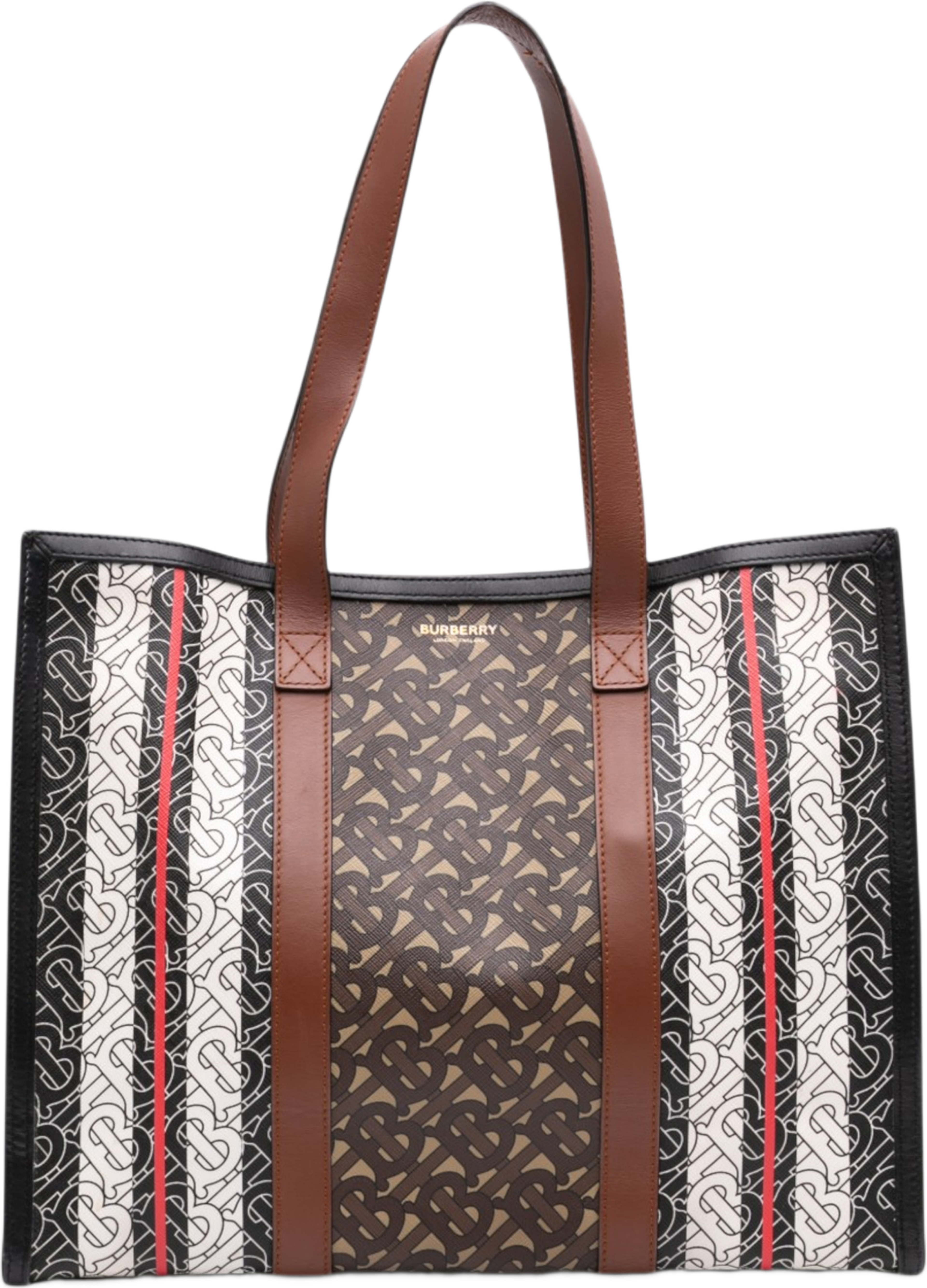 Burberry Tb Monogram E Canvas Stripe Book Tote, från Luxclusif, i färgen brun. Klicka för att öppna bilden i stort format