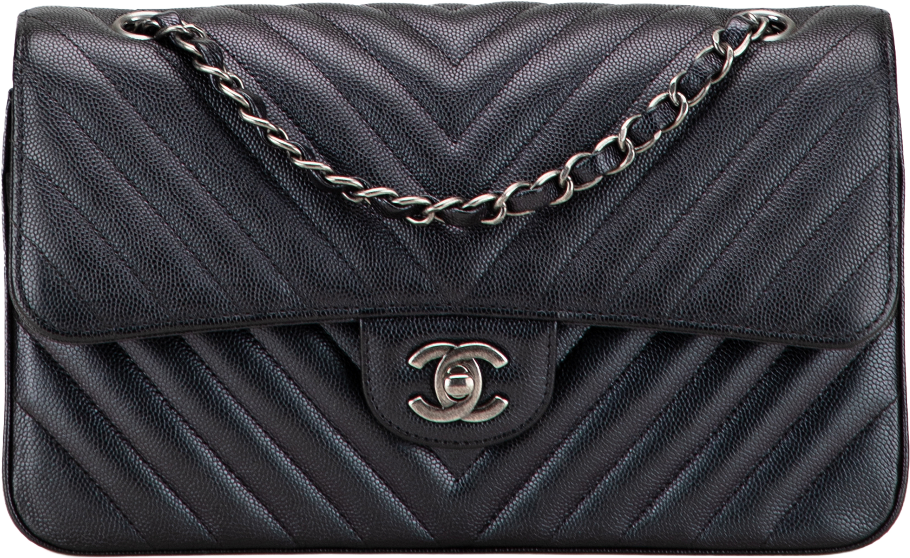 Chanel Medium Classic Chevron Caviar Double Flap, från Luxclusif, i färgen black. Klicka för att öppna bilden i stort format