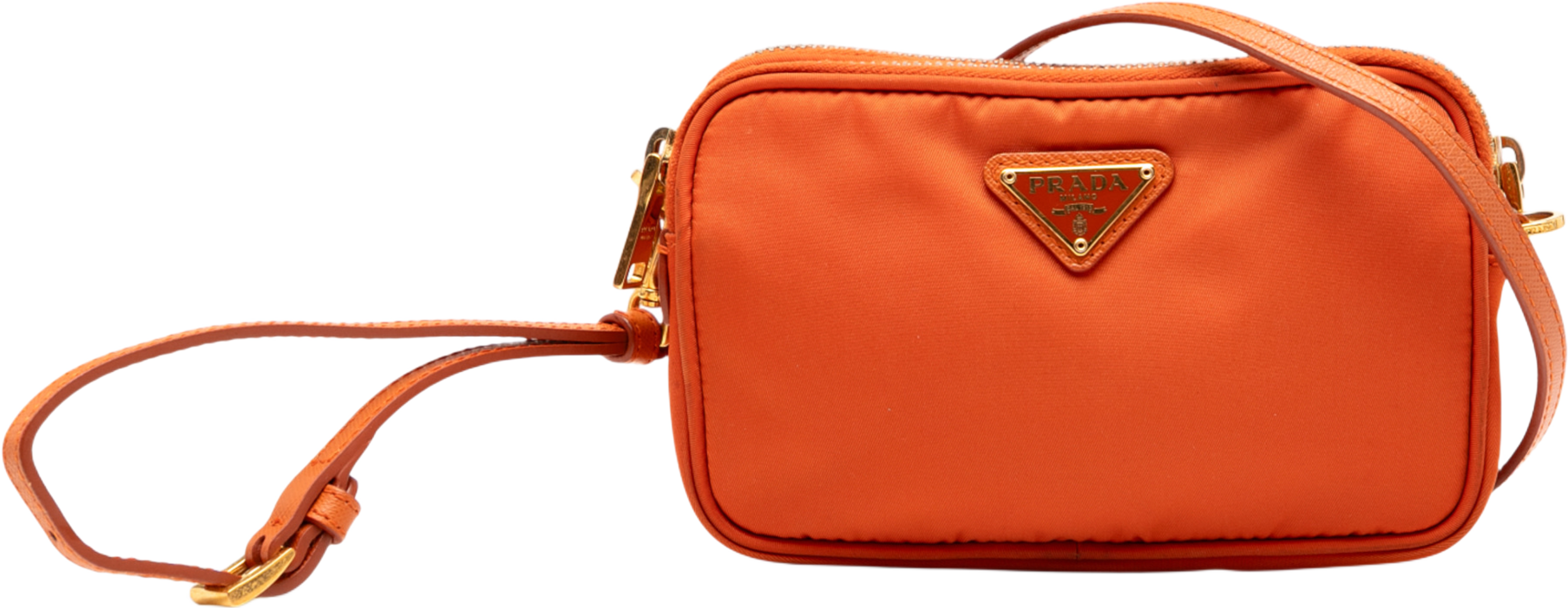 Prada Mini Tessuto Double Zip Camera Bag, från Luxclusif, i färgen orange. Klicka för att öppna bilden i stort format