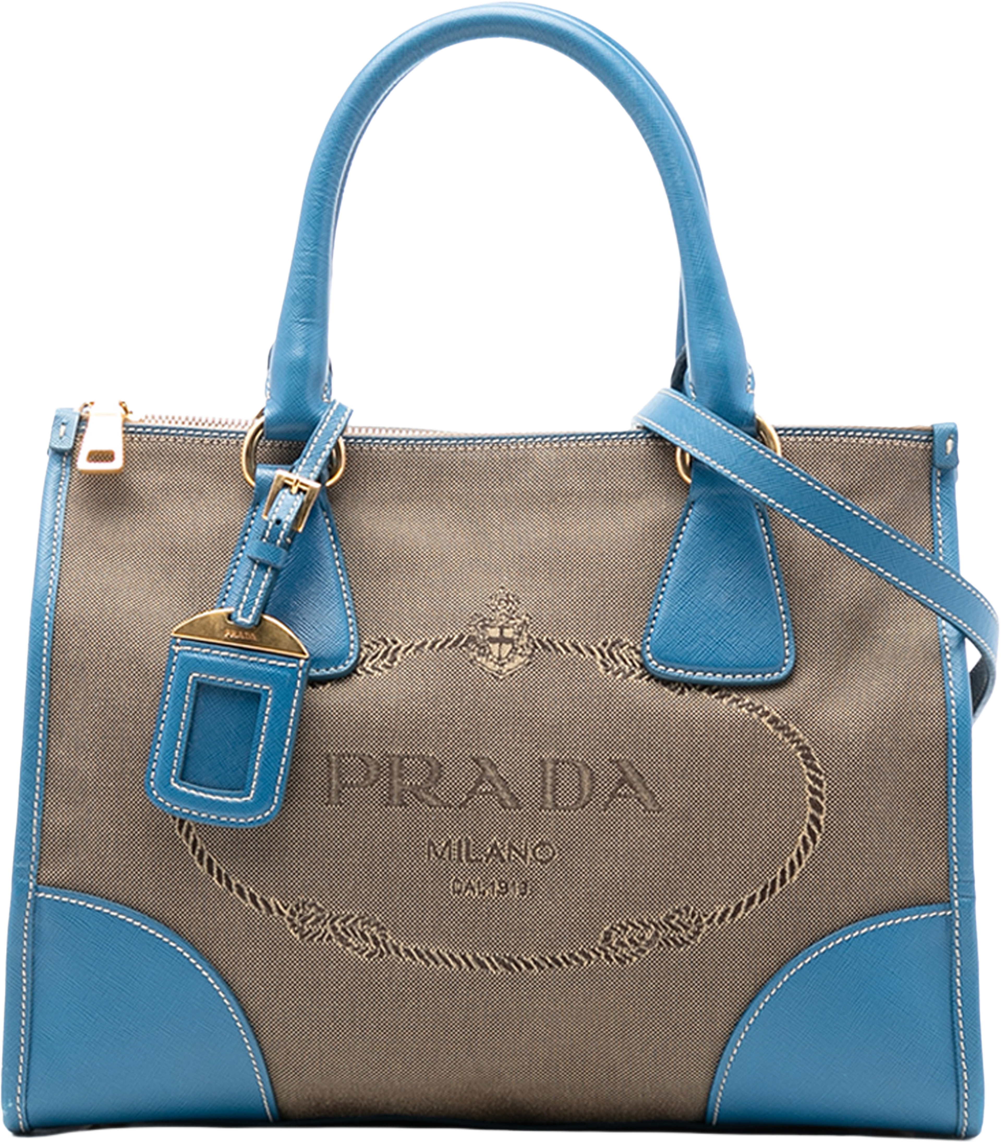 Prada Saffiano Trimmed Canvas Canapa Logo Double Zip Satchel, från Luxclusif, i färgen light brown. Klicka för att öppna bilden i stort format