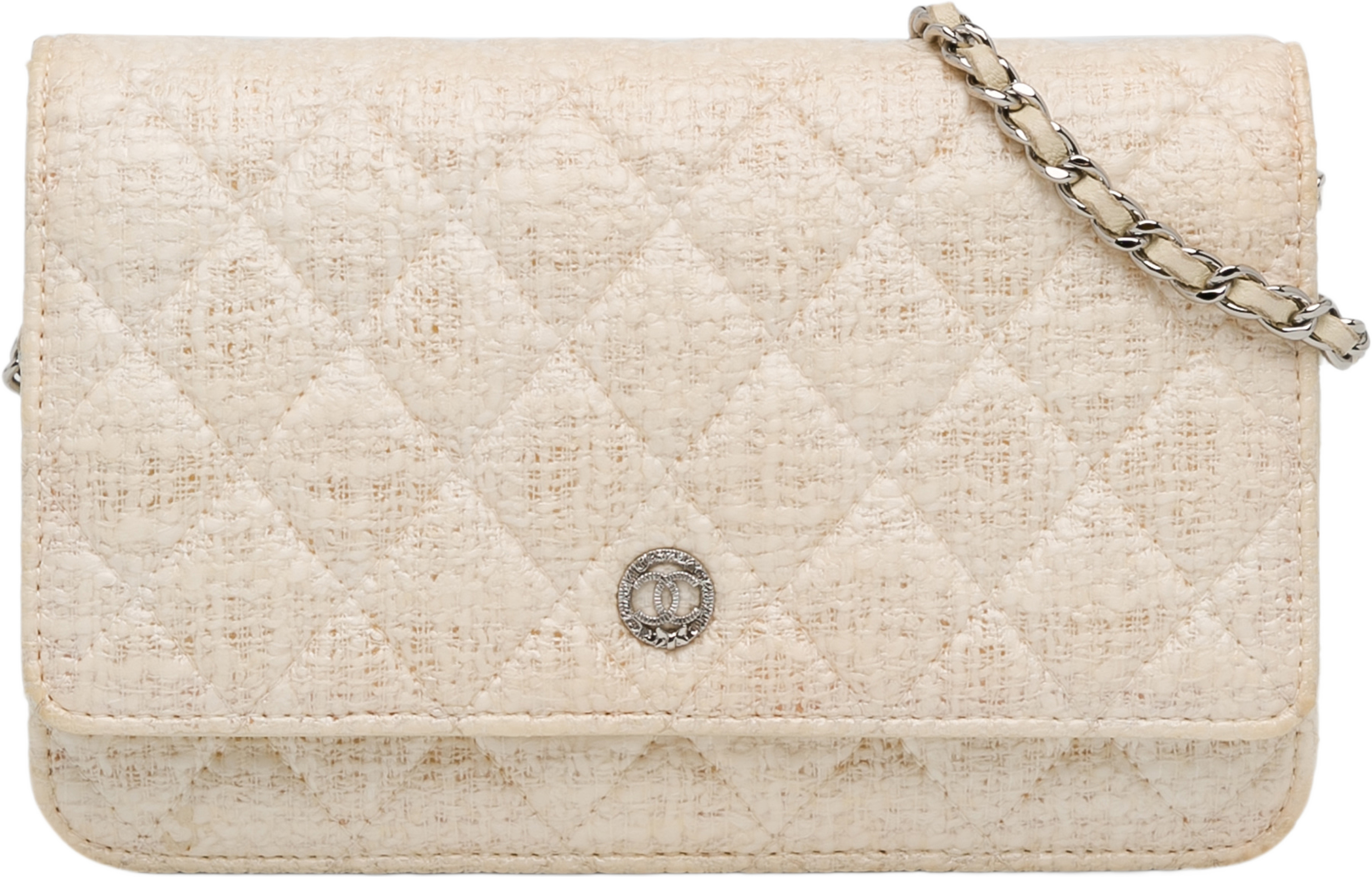 Chanel Cc Coated Tweed Wallet On Chain, från Luxclusif, i färgen beige. Klicka för att öppna bilden i stort format