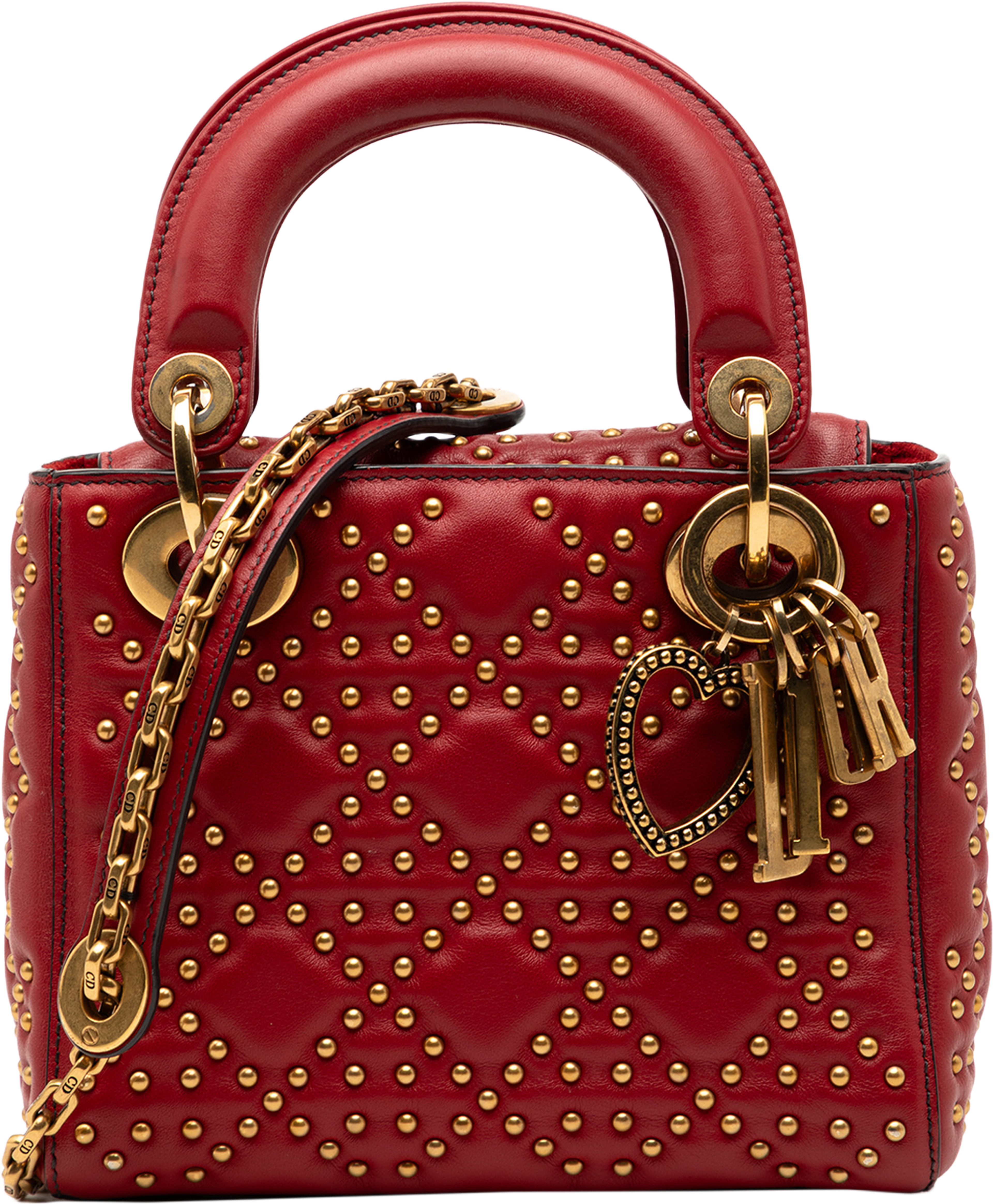 Dior Mini Lambskin Cannage Studded Supple Lady Dior, från Luxclusif, i färgen red. Klicka för att öppna bilden i stort format