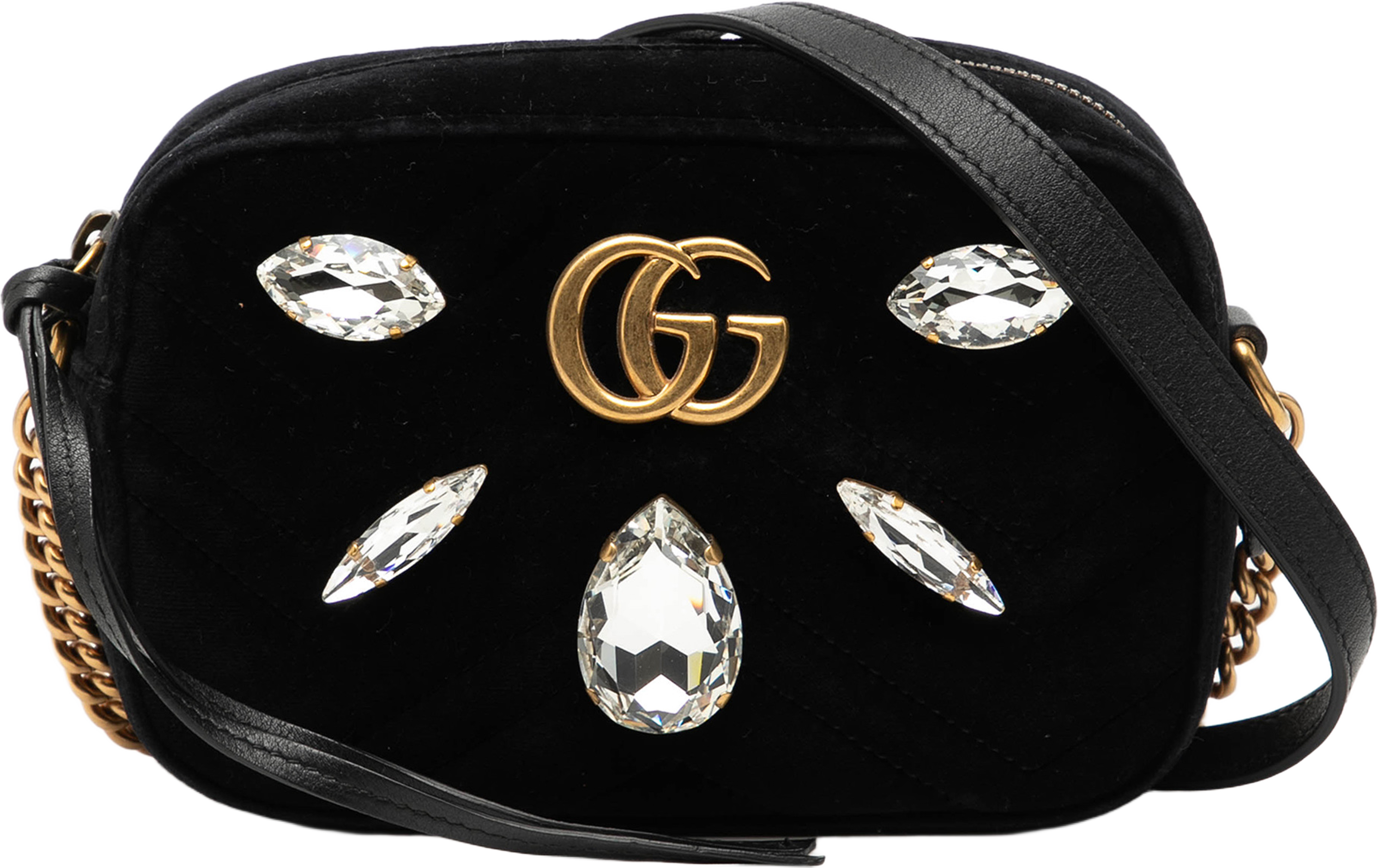 Gucci Mini Gg Marmont Crystal Embellished Matelasse Velvet Crossbody, från Luxclusif, i färgen black. Klicka för att öppna bilden i stort format