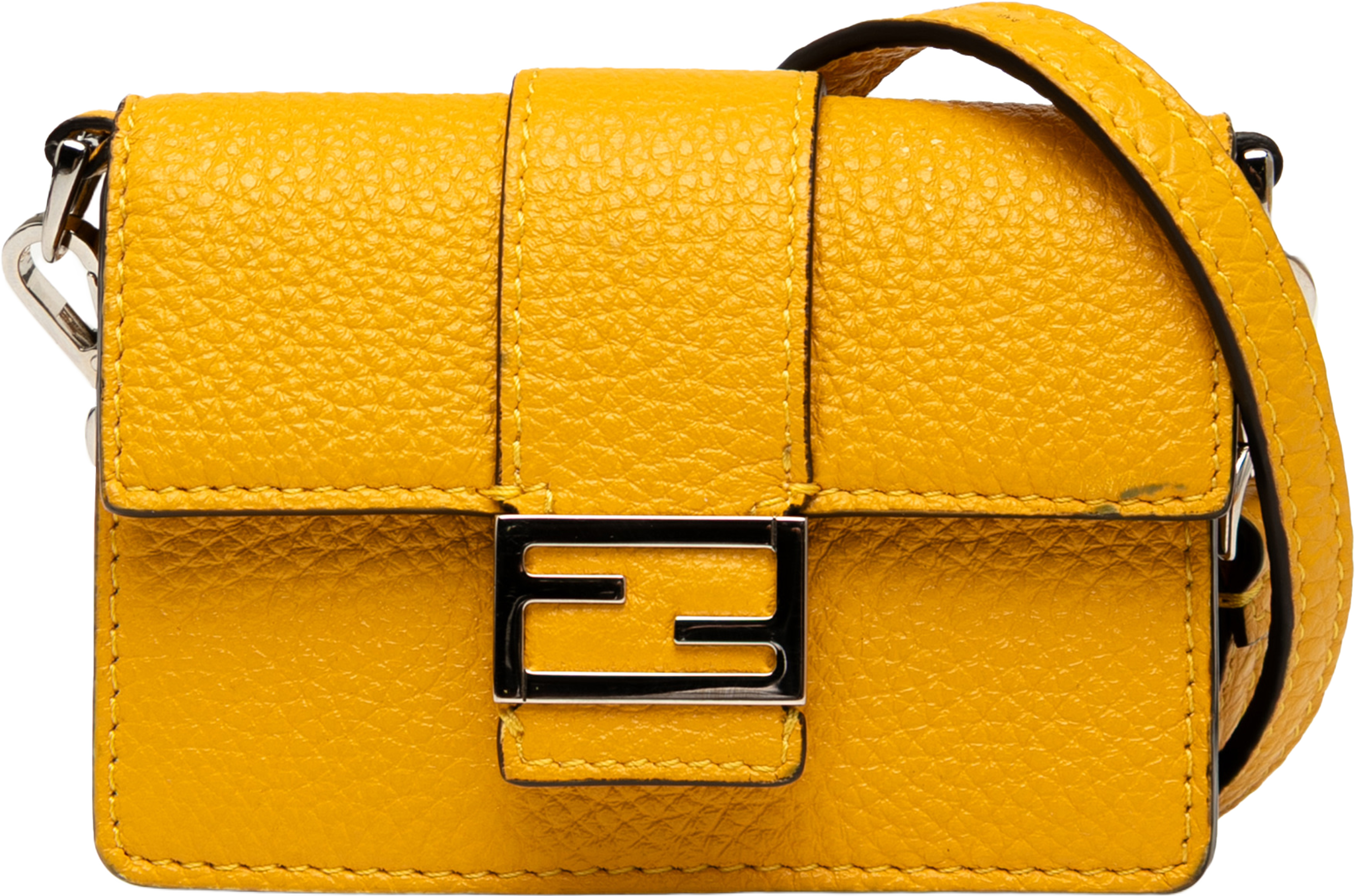 Fendi Micro Leather Flat Baguette Crossbody, från Luxclusif, i färgen yellow. Klicka för att öppna bilden i stort format