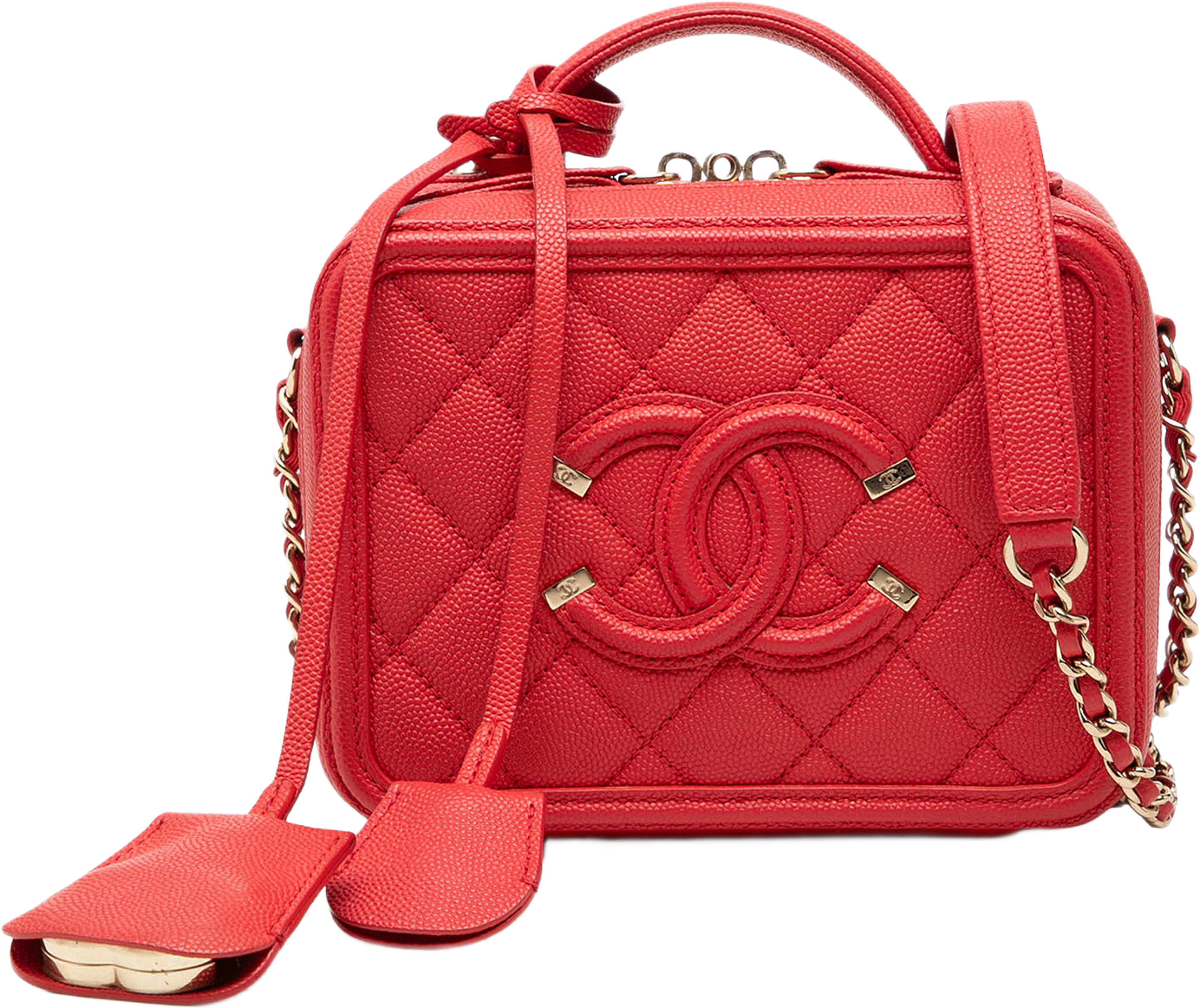 Chanel Small Caviar Cc Filigree Vanity Case, från Luxclusif, i färgen röd. Klicka för att öppna bilden i stort format