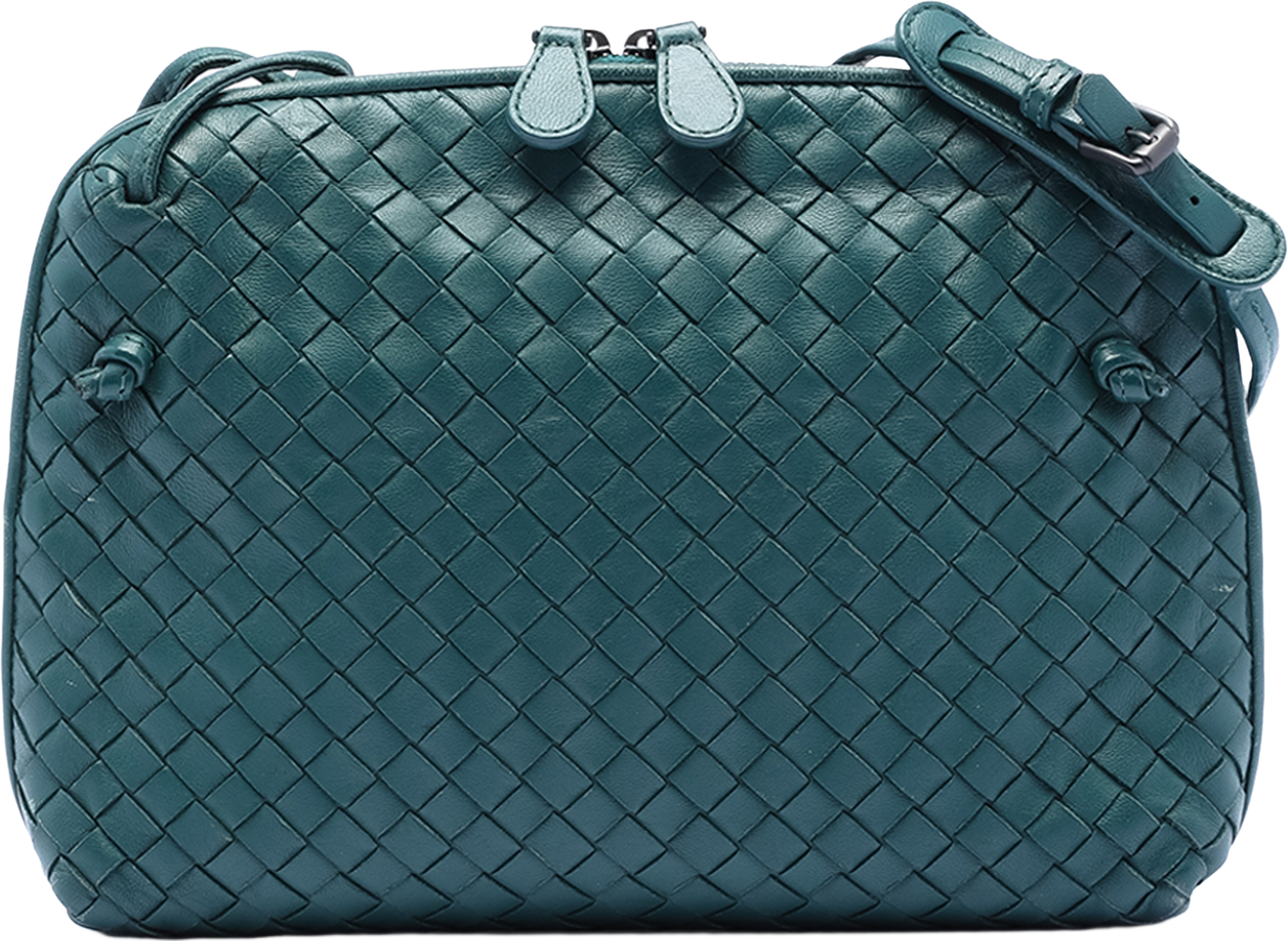 Bottega Veneta Nappa Intrecciato Nodini Crossbody, från Luxclusif, i färgen peacock. Klicka för att öppna bilden i stort format