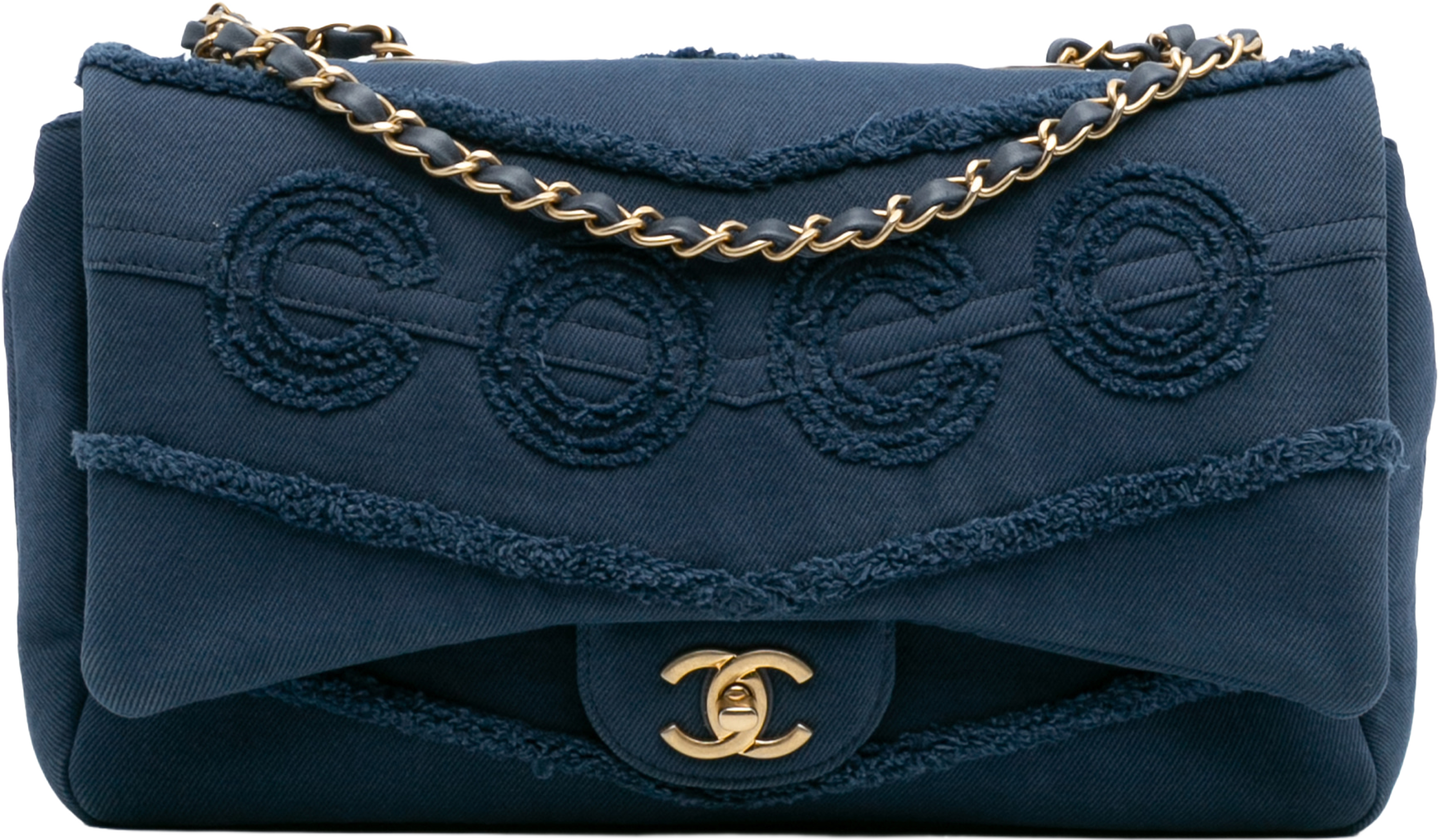 Chanel Jumbo Chevron Denim Fringe Coco Flap, från Luxclusif, i färgen blue. Klicka för att öppna bilden i stort format