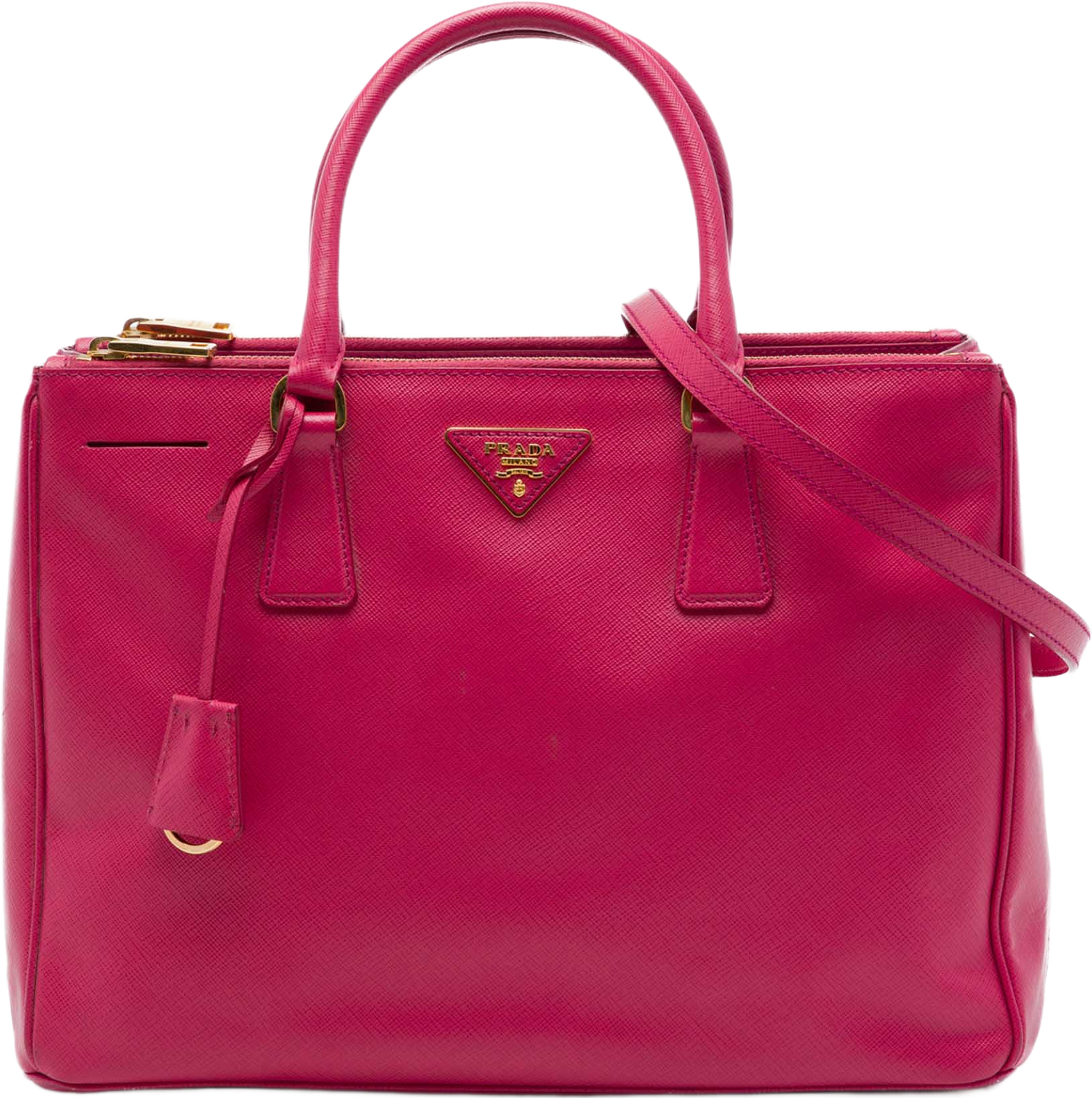 Prada Medium Saffiano Lux Galleria Double Zip Satchel, från Luxclusif, i färgen rosa. Klicka för att öppna bilden i stort format