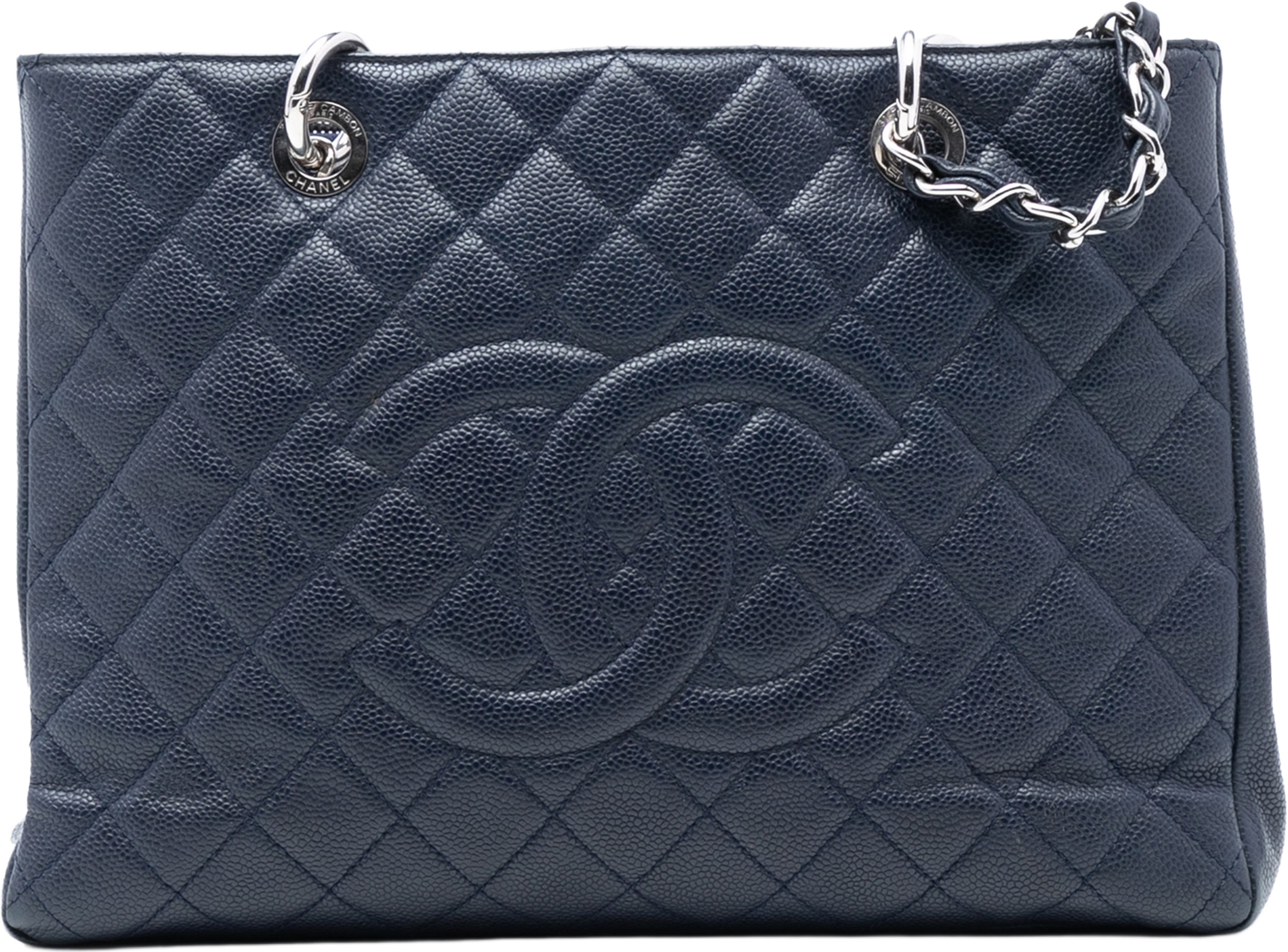Chanel Caviar Grand Shopping Tote, från Luxclusif, i färgen navy. Klicka för att öppna bilden i stort format