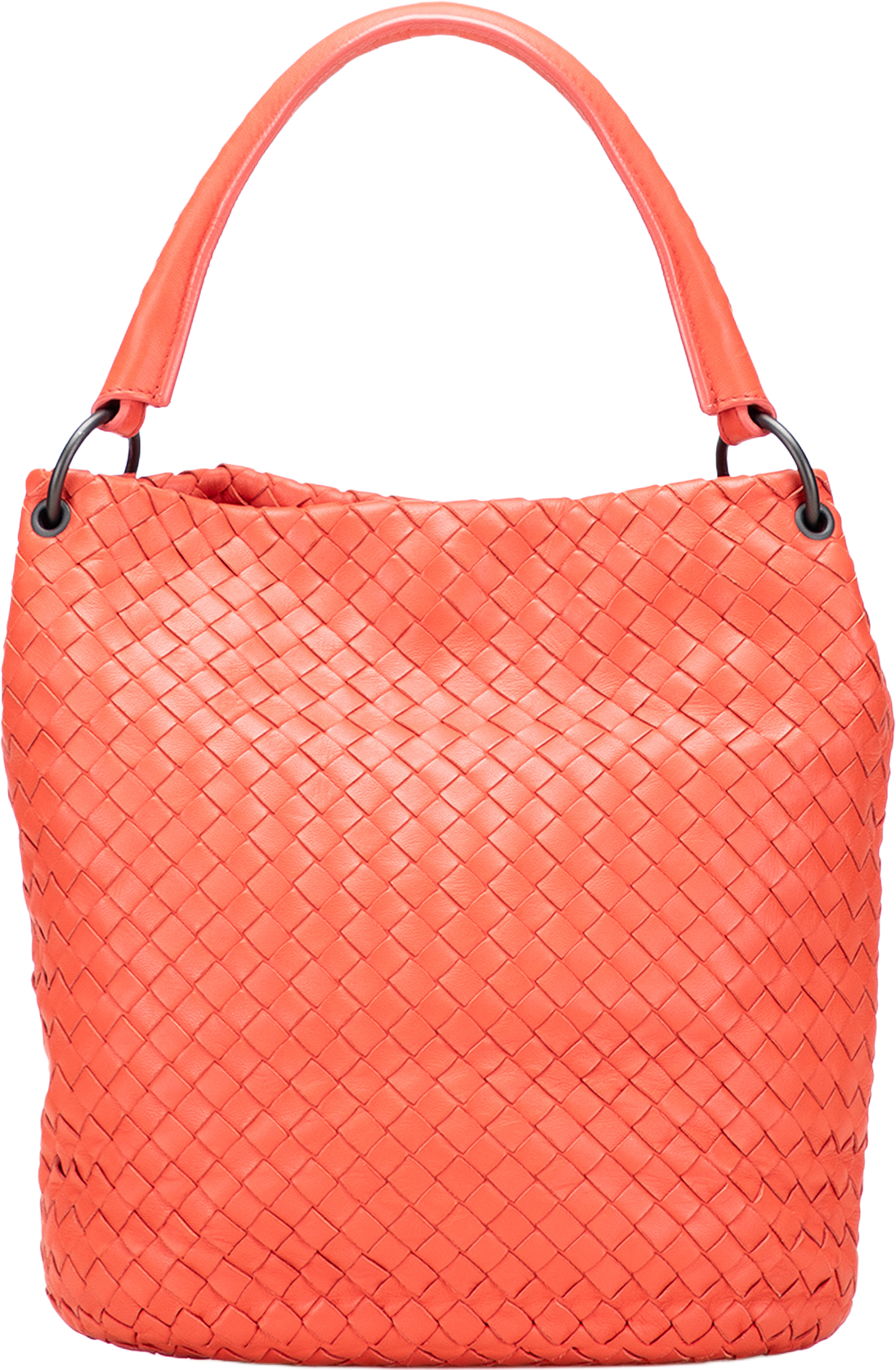 Bottega Veneta Nappa Intrecciato Bucket Bag, från Luxclusif, i färgen dark orange. Klicka för att öppna bilden i stort format