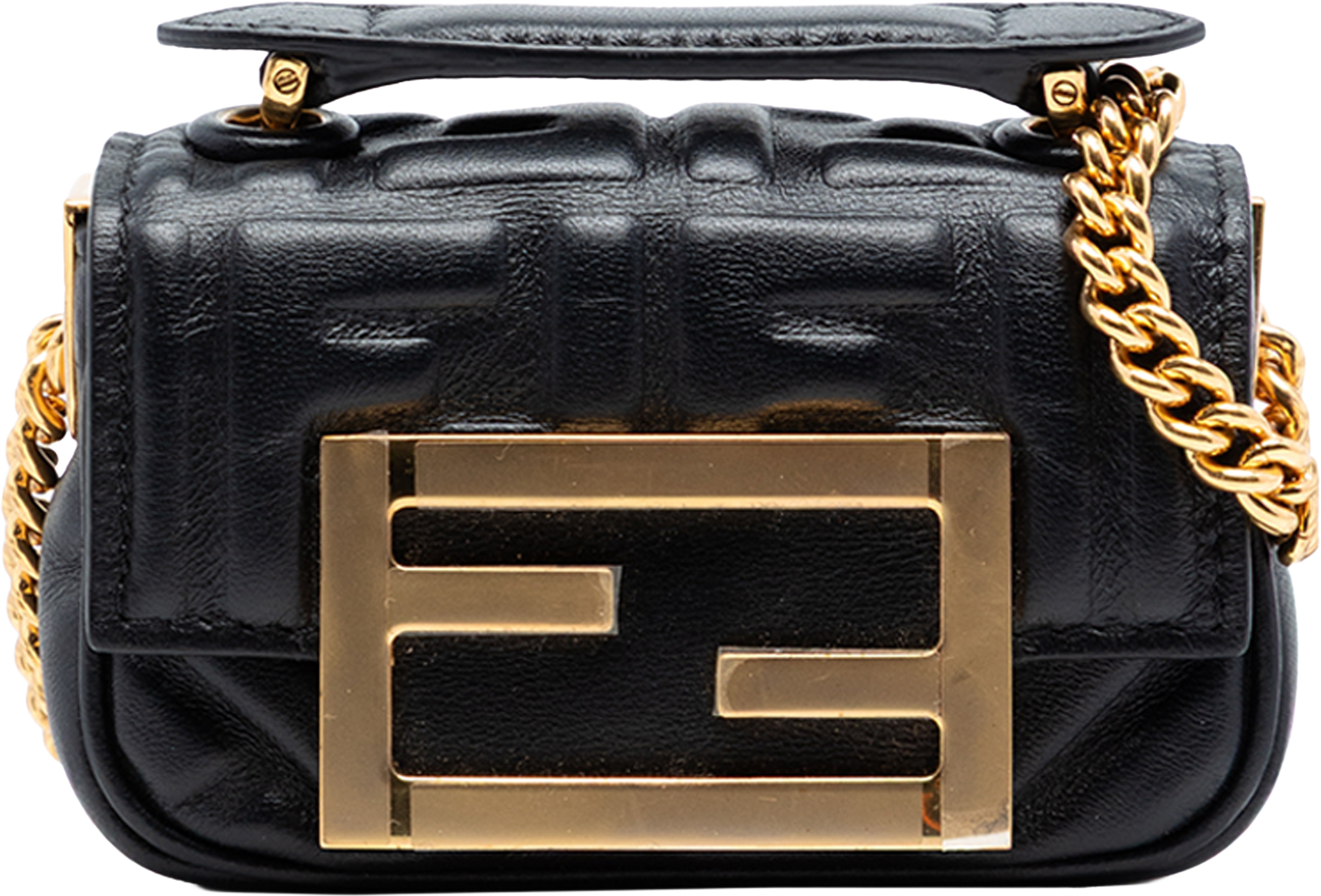 Fendi Nano Zucca Embossed Leather Baguette Chain Bag, från Luxclusif, i färgen black. Klicka för att öppna bilden i stort format