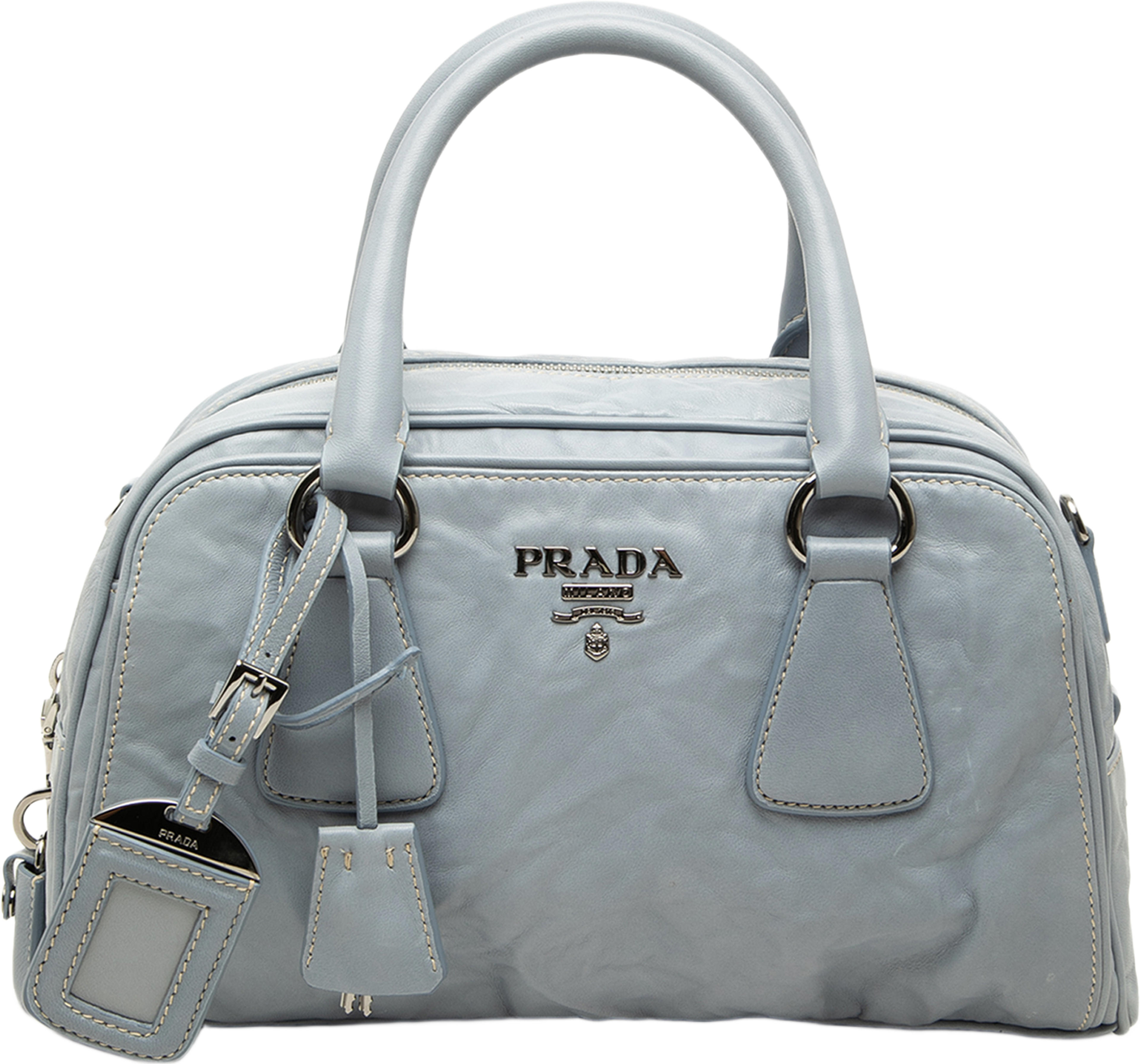Prada Nappa Antique Re Edition 2001 Top Handle Bag, från Luxclusif, i färgen blå. Klicka för att öppna bilden i stort format