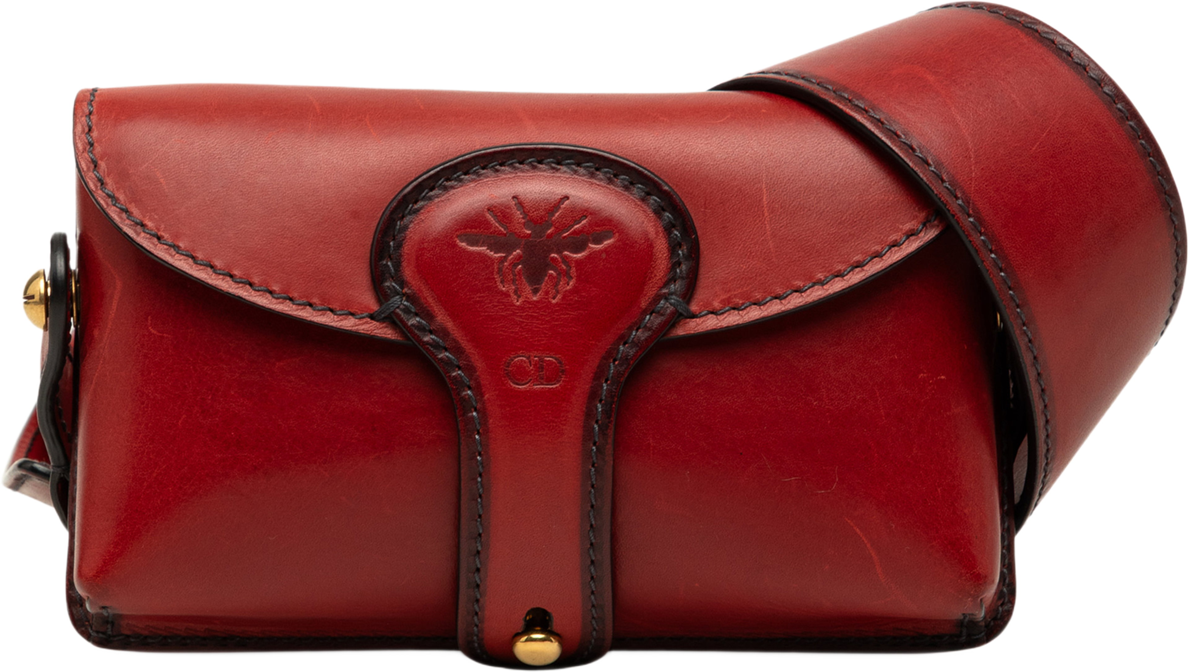 Dior Mini Leather D Bee Saddle Bag, från Luxclusif, i färgen röd. Klicka för att öppna bilden i stort format