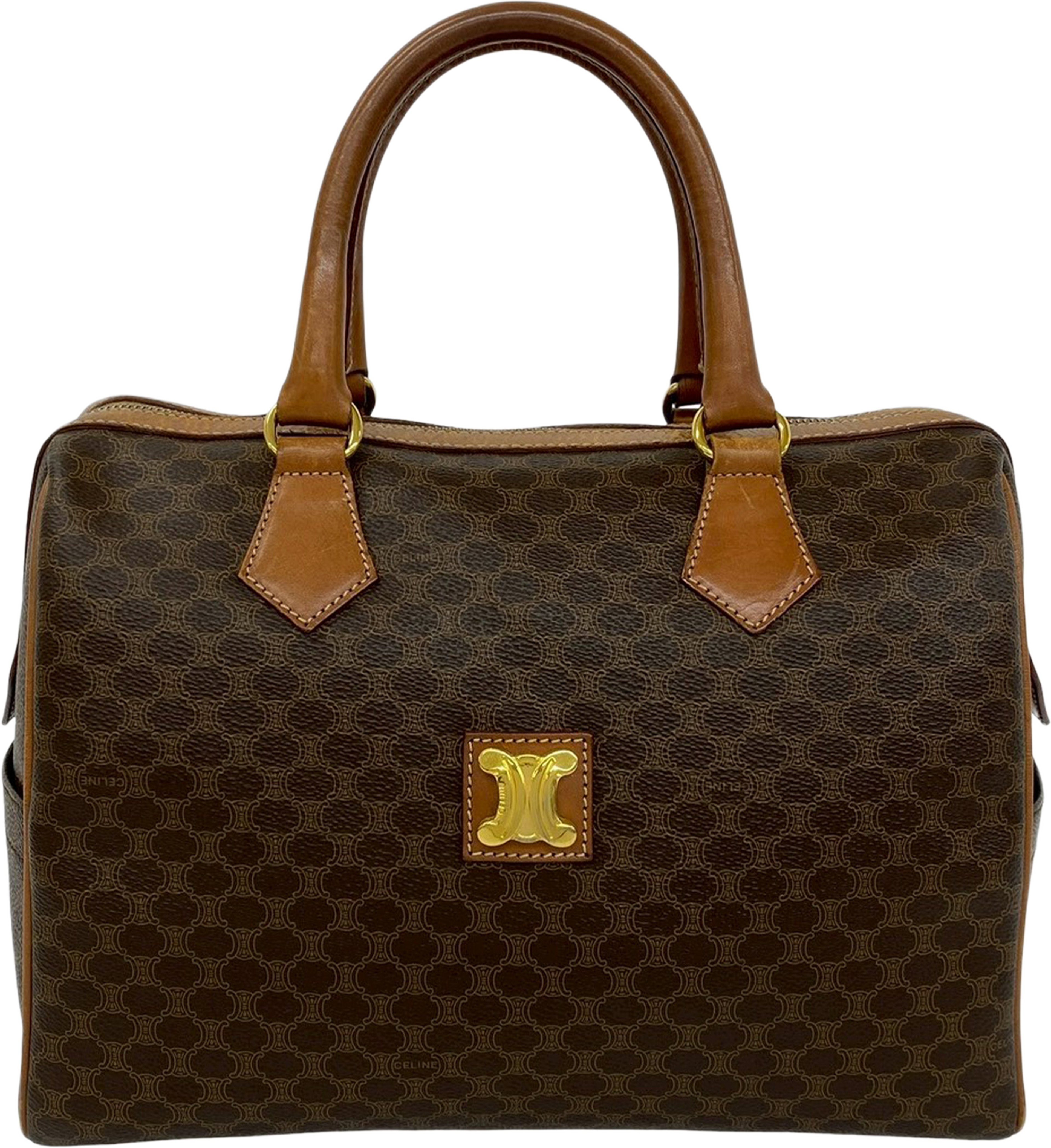 Celine Macadam Coated Canvas Boston Bag, från Luxclusif, i färgen brun. Klicka för att öppna bilden i stort format