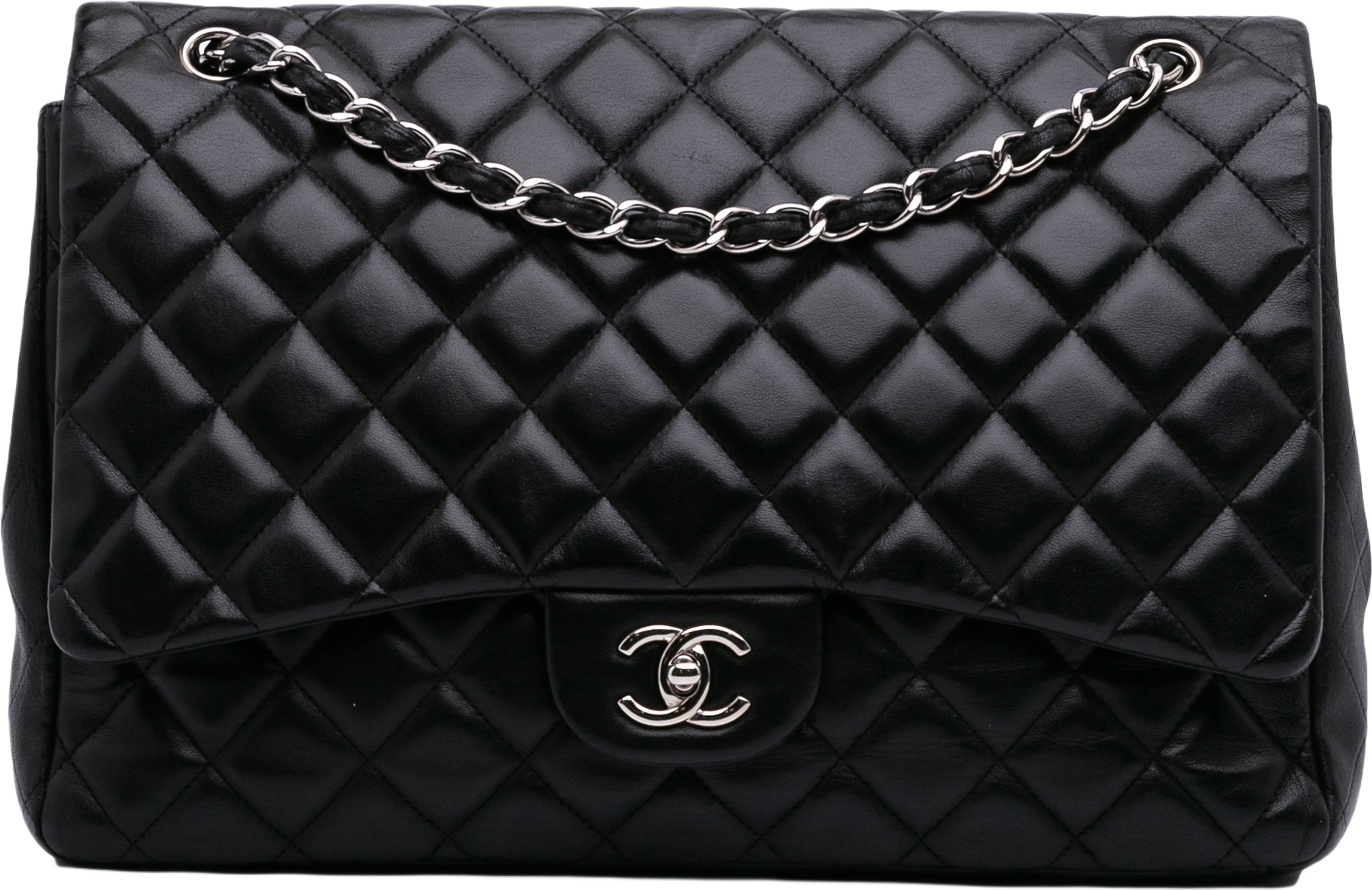 Chanel Maxi Classic Lambskin Single Flap, från Luxclusif, i färgen black. Klicka för att öppna bilden i stort format