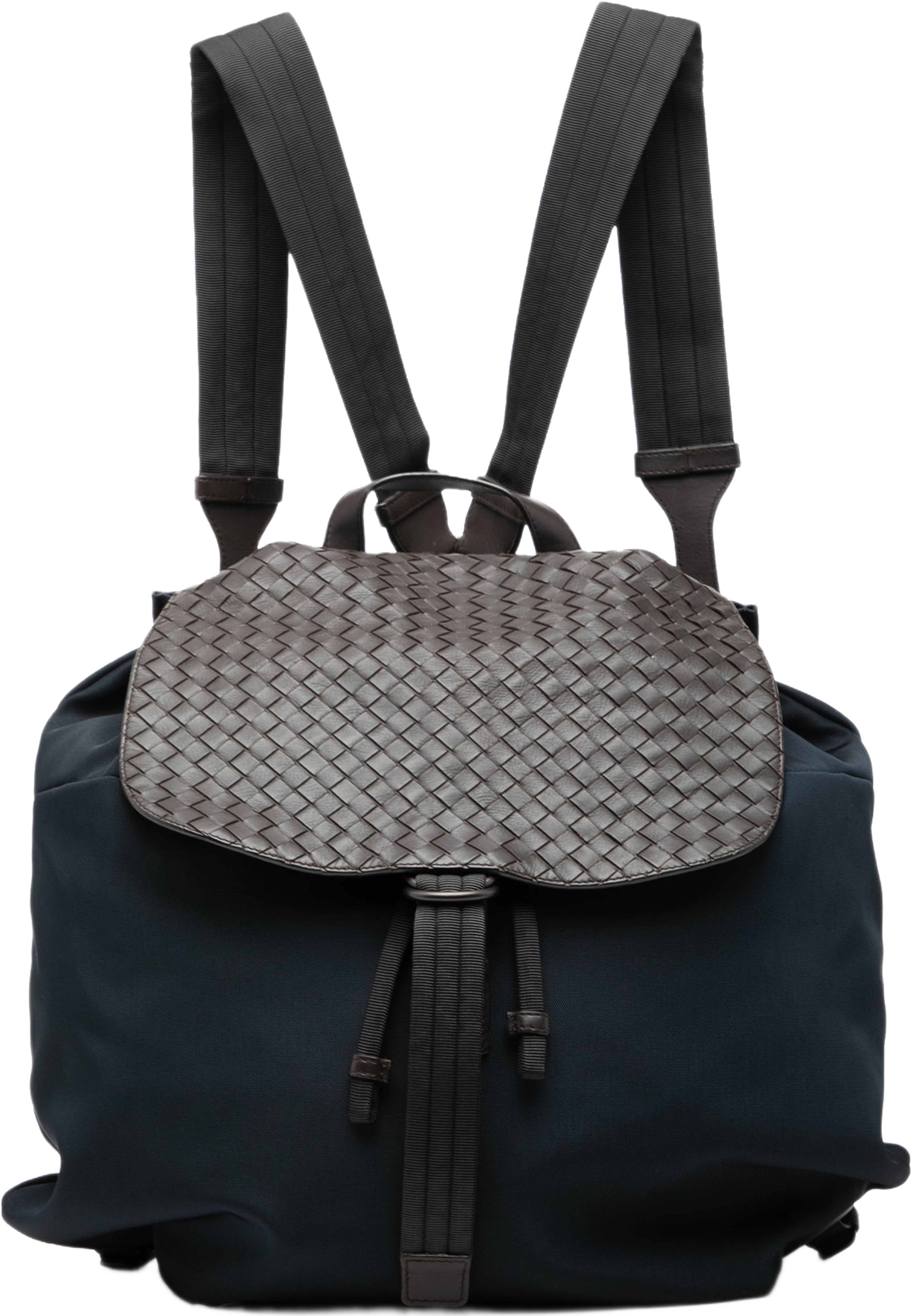 Bottega Veneta Canvas And Nappa Intrecciato Flap Backpack, från Luxclusif, i färgen navy. Klicka för att öppna bilden i stort format