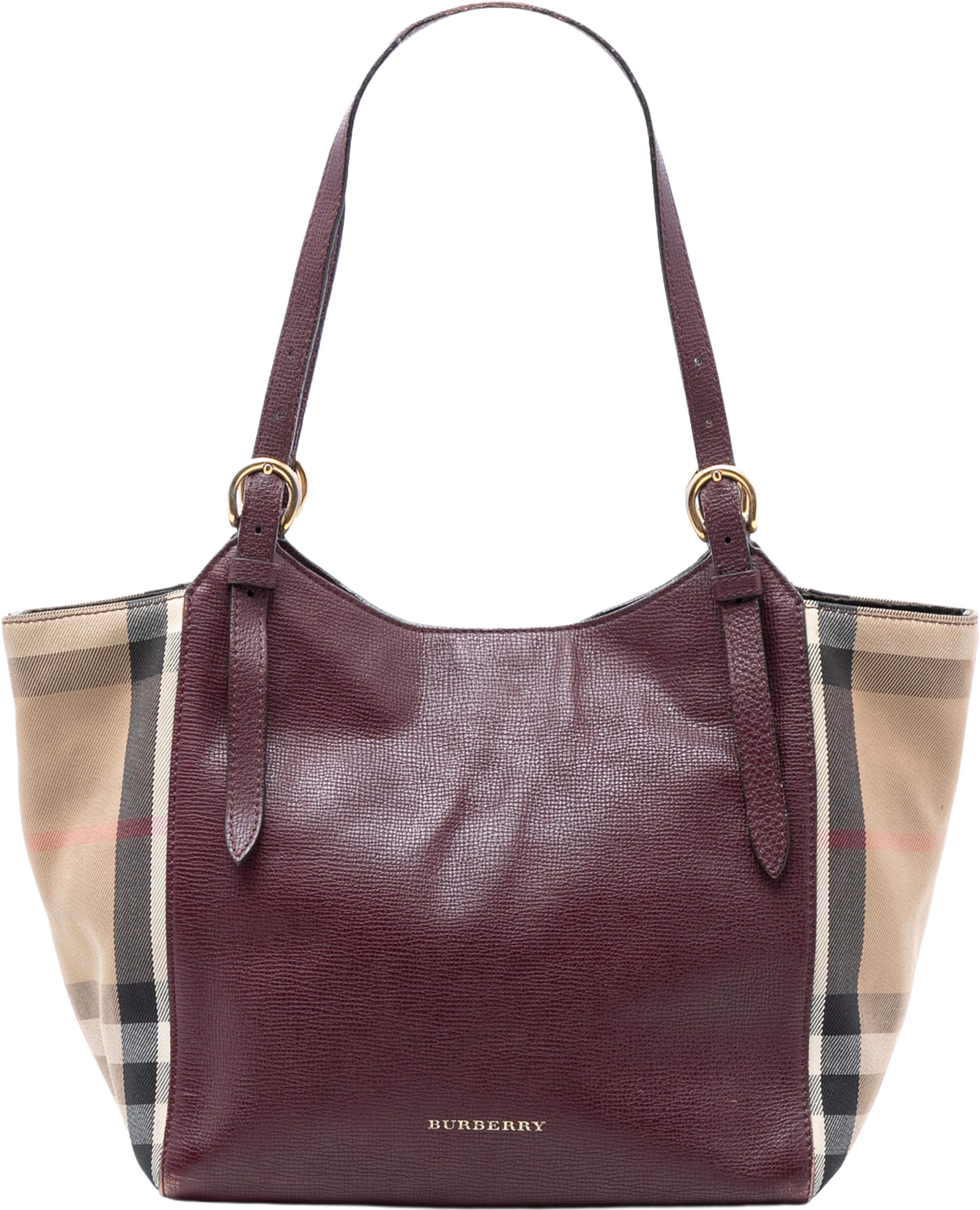 Burberry Small Leather And House Check Canvas Canterbury Tote, från Luxclusif, i färgen burgundy. Klicka för att öppna bilden i stort format