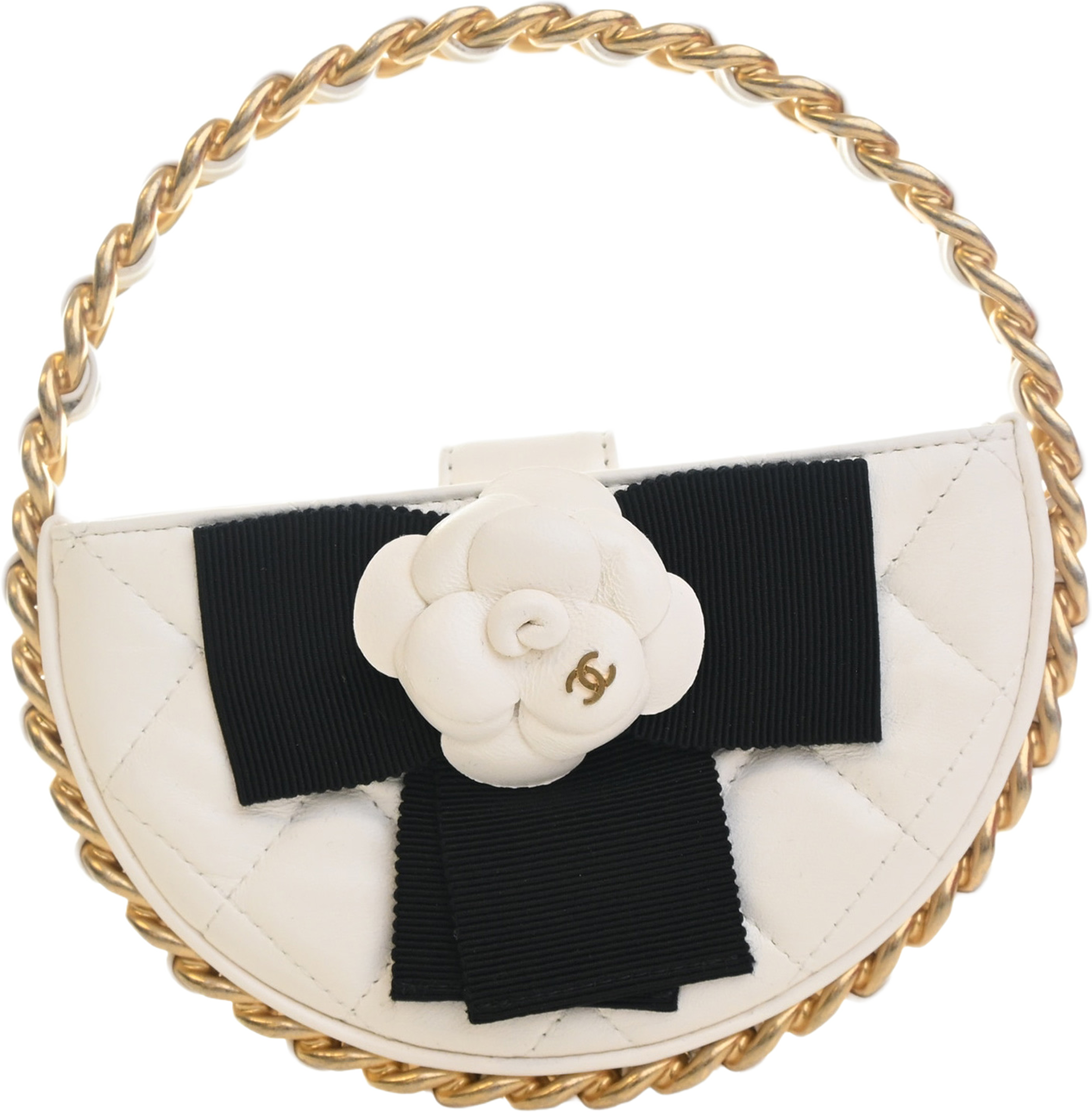 Chanel Mini Lambskin Round Camellia Clutch, från Luxclusif, i färgen vit. Klicka för att öppna bilden i stort format