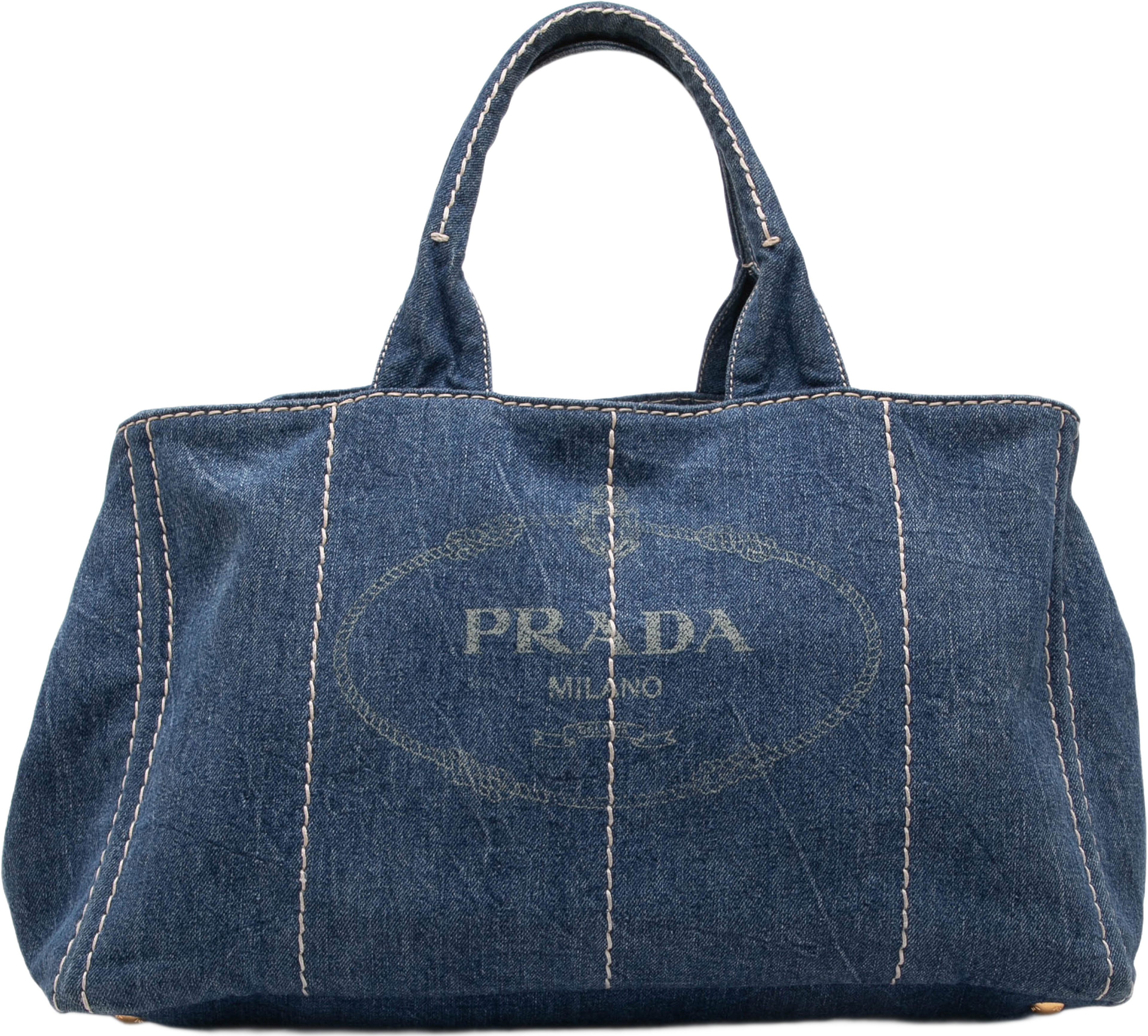 Prada Large Denim Canapa Logo Tote, från Luxclusif, i färgen blå. Klicka för att öppna bilden i stort format
