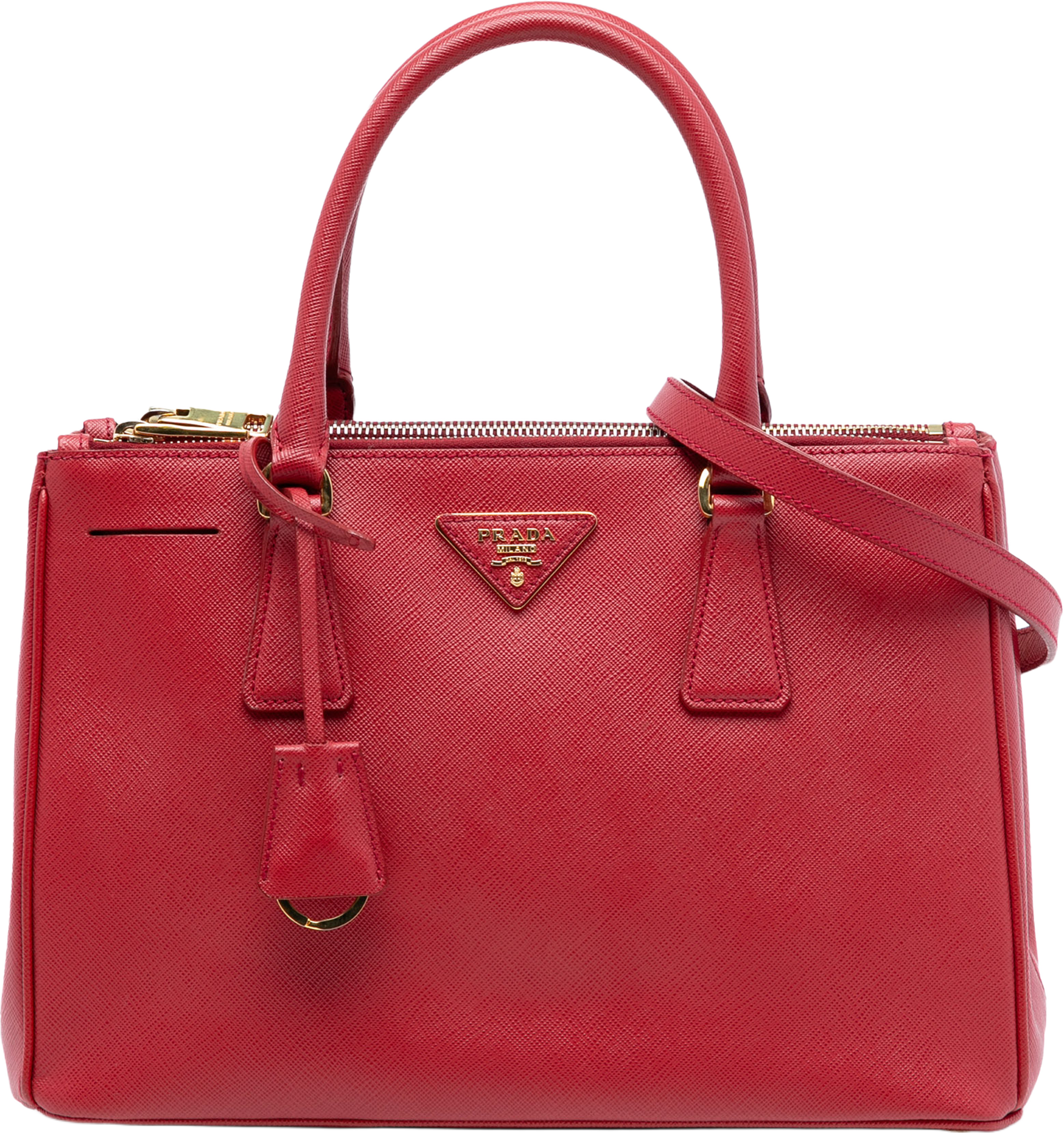 Prada Medium Saffiano Lux Galleria Double Zip Satchel, från Luxclusif, i färgen red. Klicka för att öppna bilden i stort format