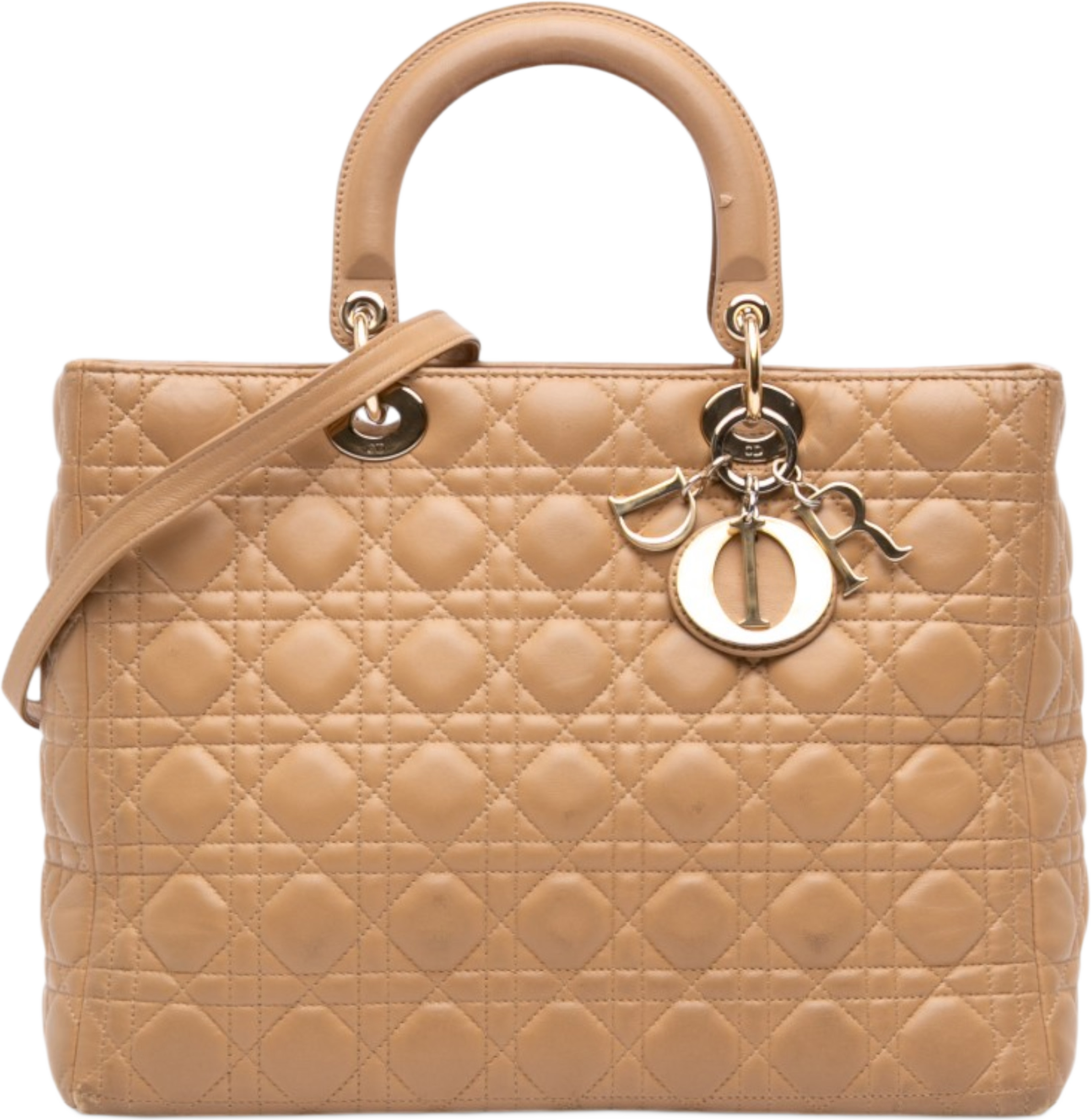 Dior Large Lambskin Cannage Lady Dior, från Luxclusif, i färgen beige. Klicka för att öppna bilden i stort format