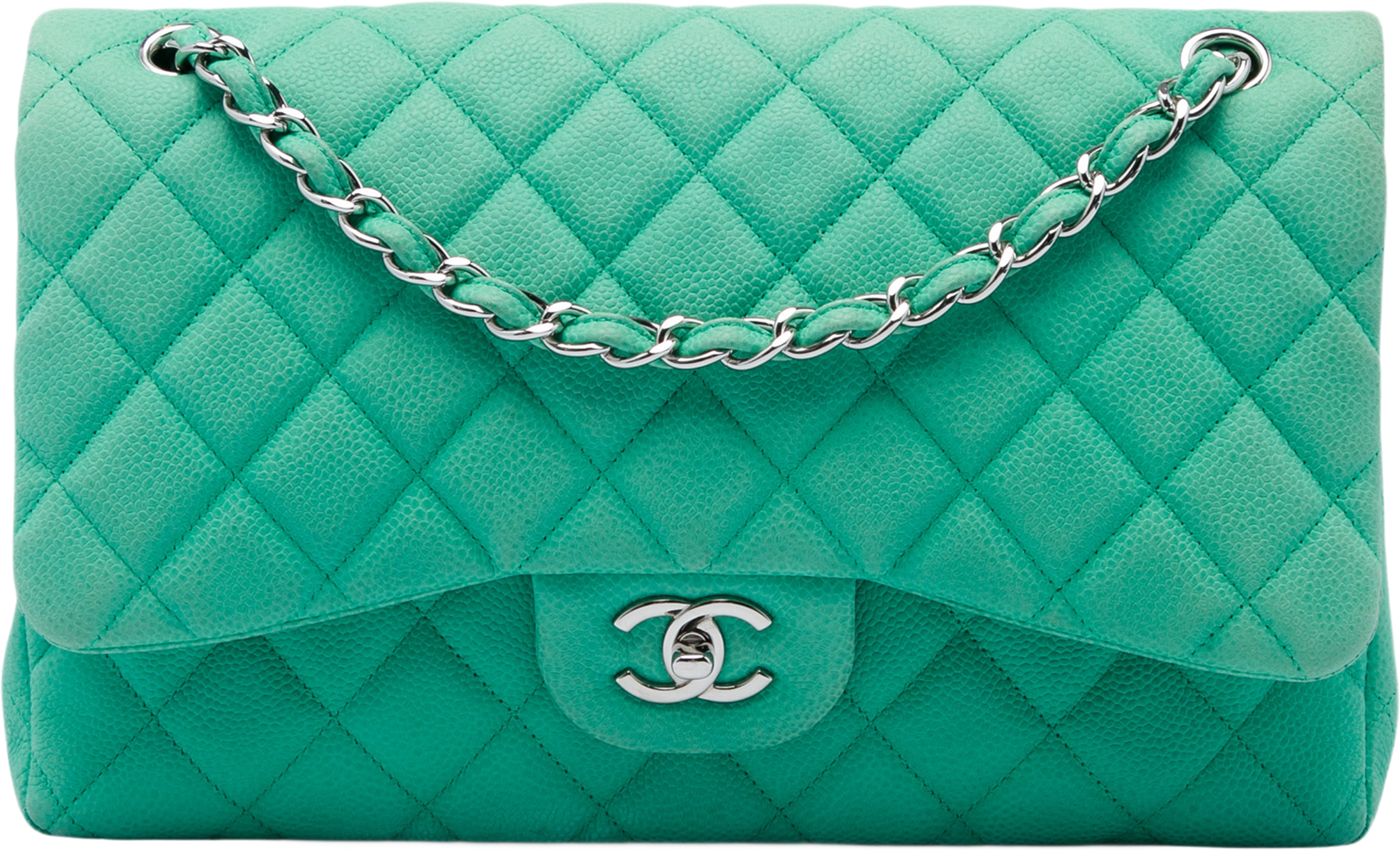 Chanel Jumbo Classic Caviar Double Flap, från Luxclusif, i färgen grön. Klicka för att öppna bilden i stort format
