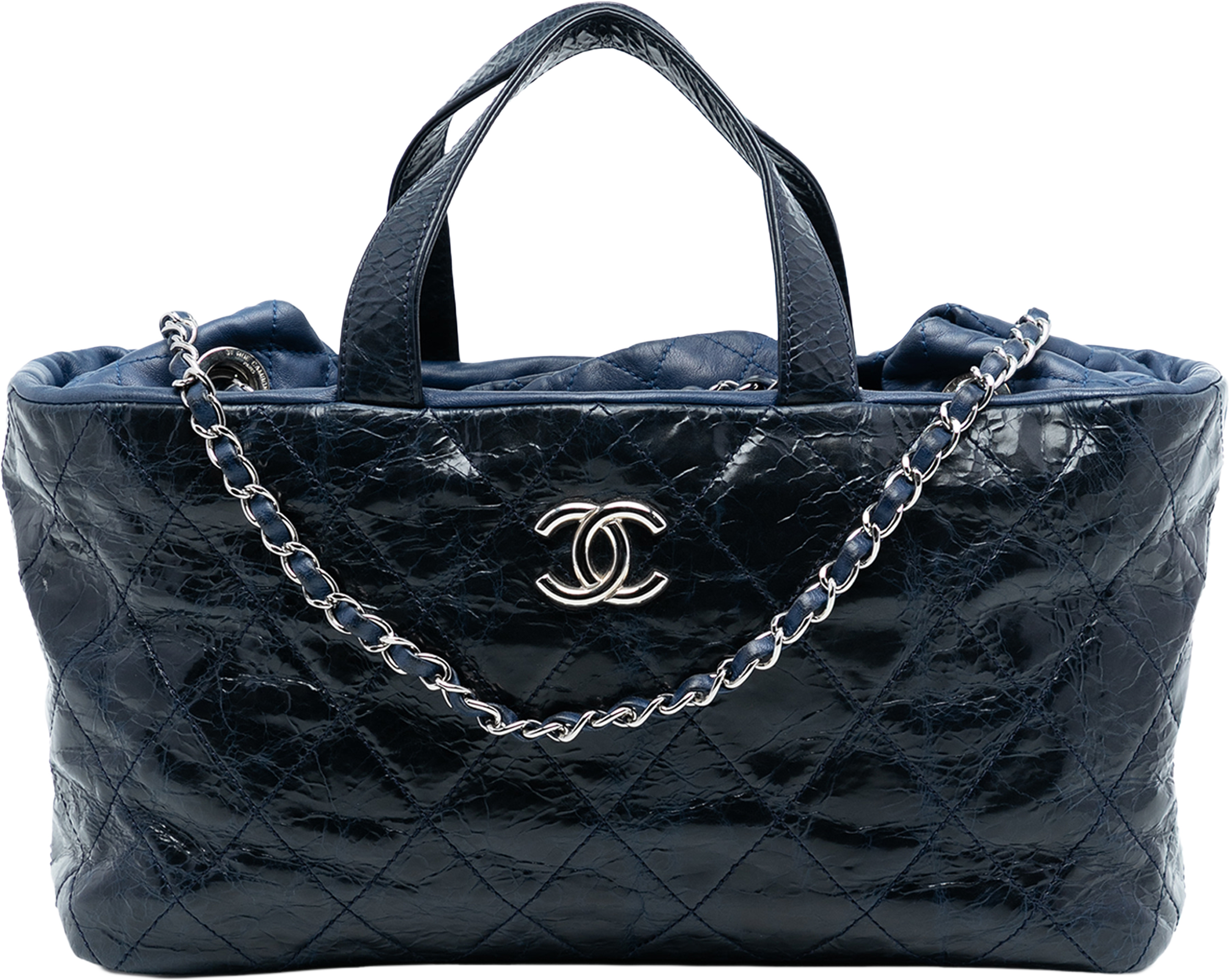 Chanel Cc Quilted Glazed Calfskin Portobello Tote, från Luxclusif, i färgen navy. Klicka för att öppna bilden i stort format