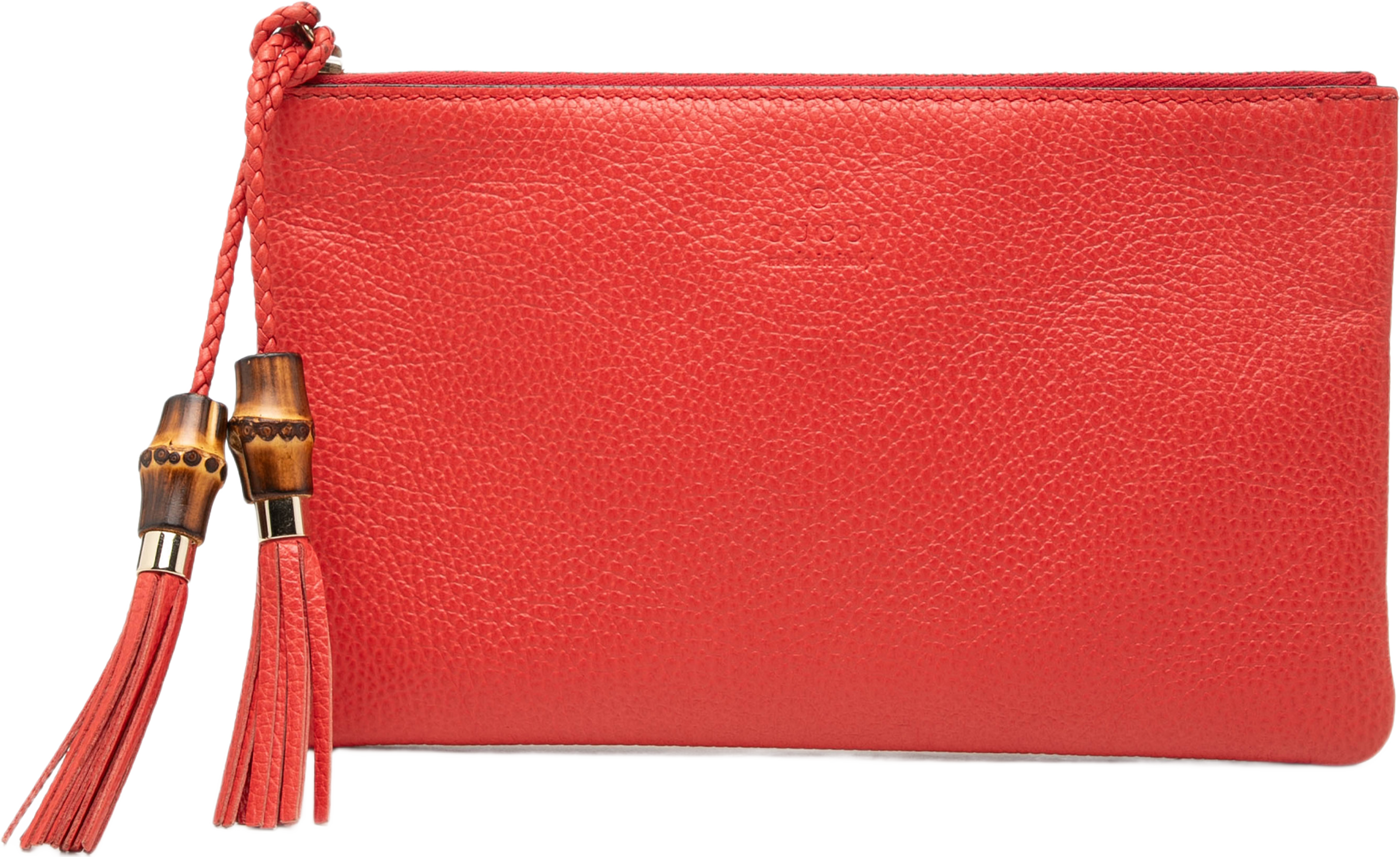 Gucci Calfskin Bamboo Clutch, från Luxclusif, i färgen röd. Klicka för att öppna bilden i stort format