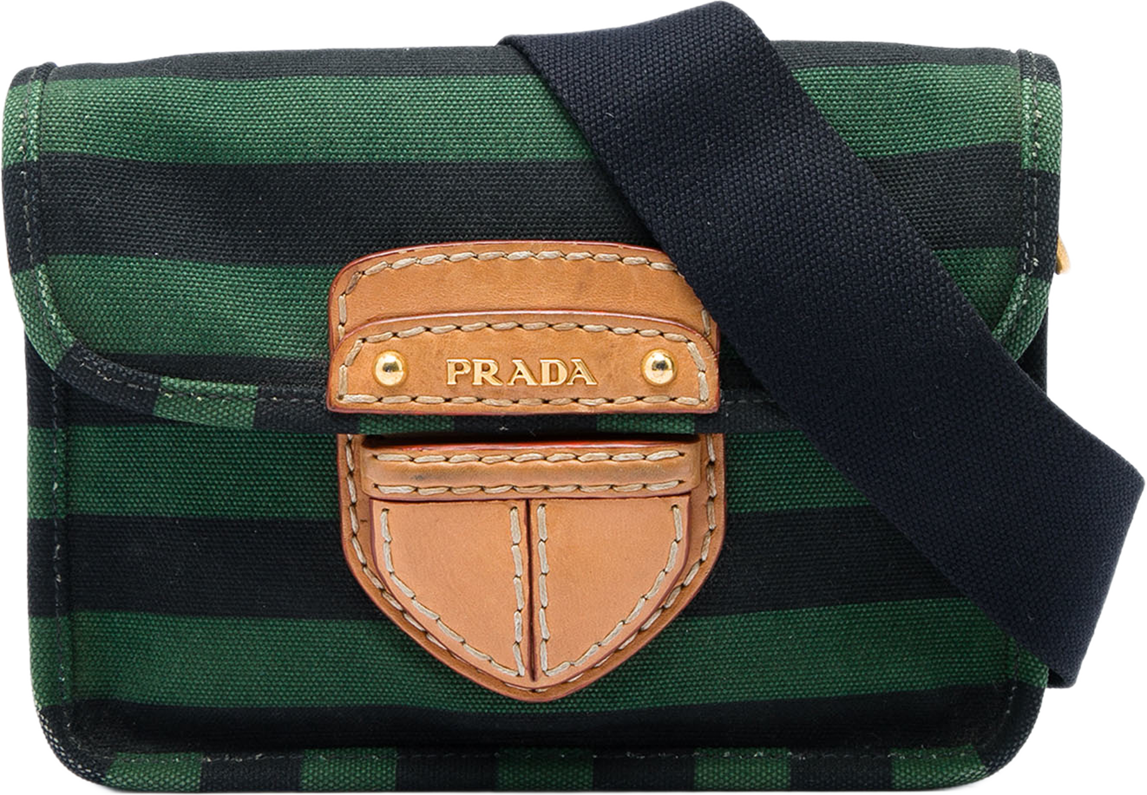 Prada Canvas Canapa Righe Striped Crossbody, från Luxclusif, i färgen grön. Klicka för att öppna bilden i stort format