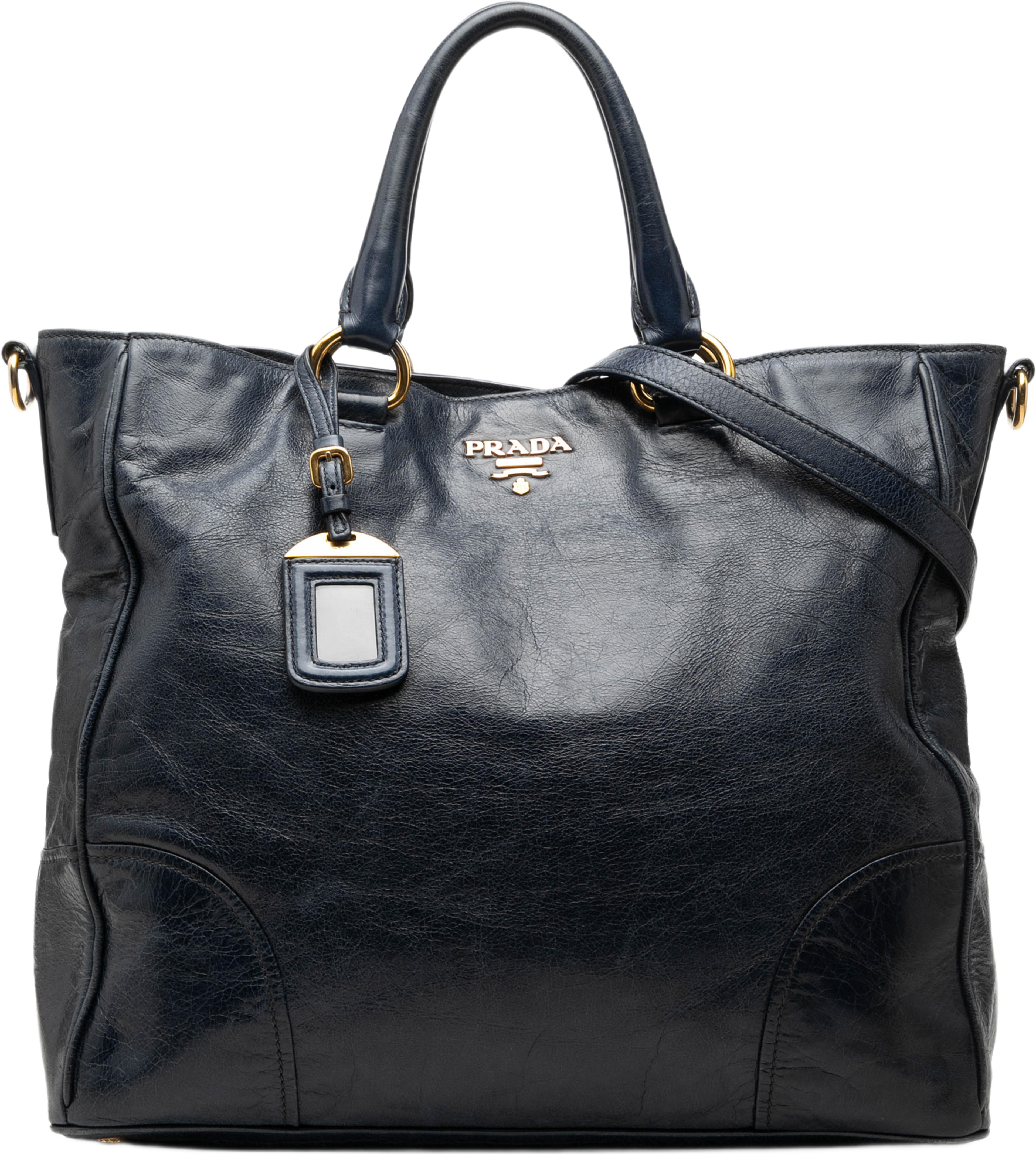 Prada Vitello Shine Open Convertible Tote, från Luxclusif, i färgen blå. Klicka för att öppna bilden i stort format