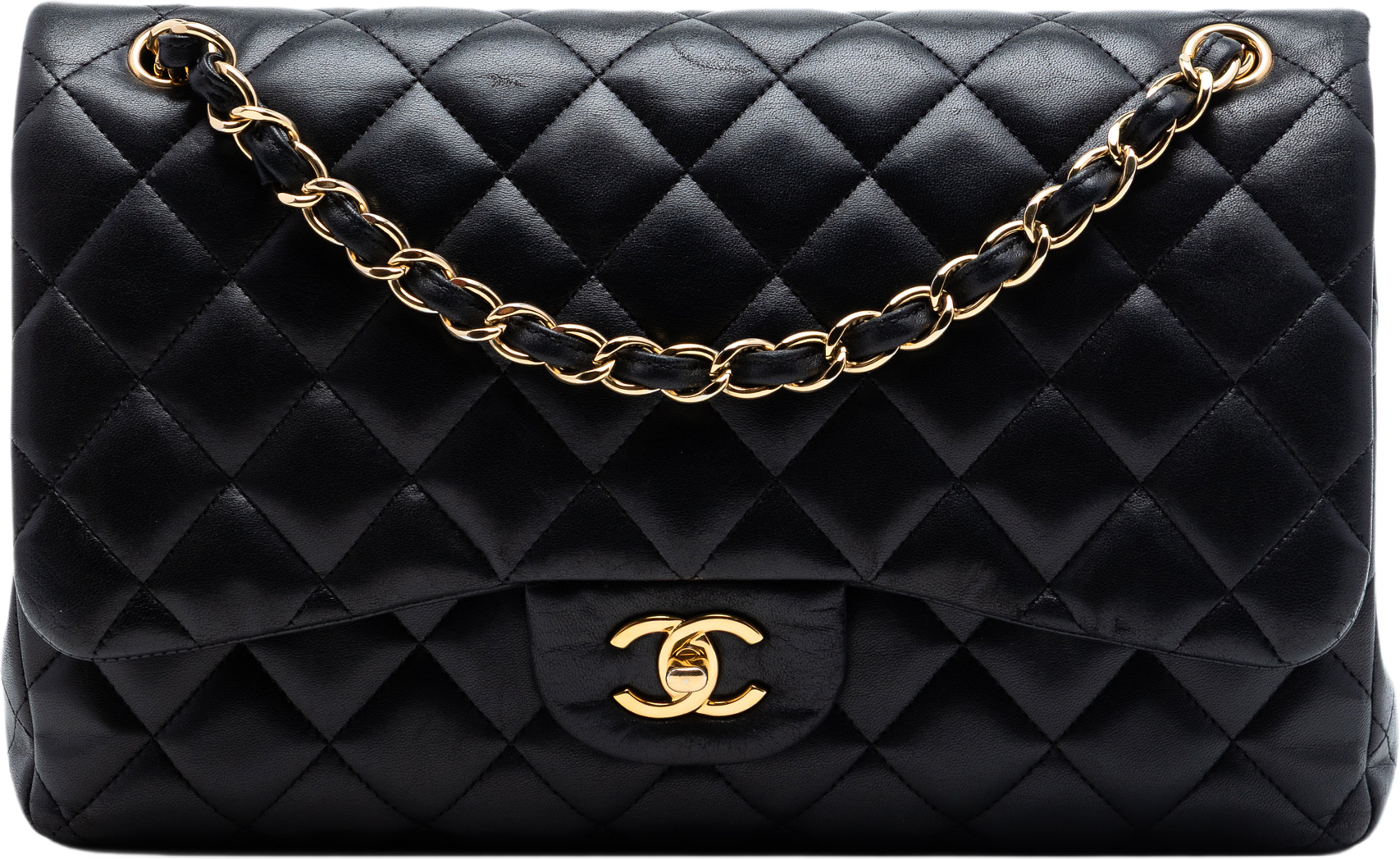 Chanel Jumbo Classic Lambskin Double Flap, från Luxclusif, i färgen black. Klicka för att öppna bilden i stort format
