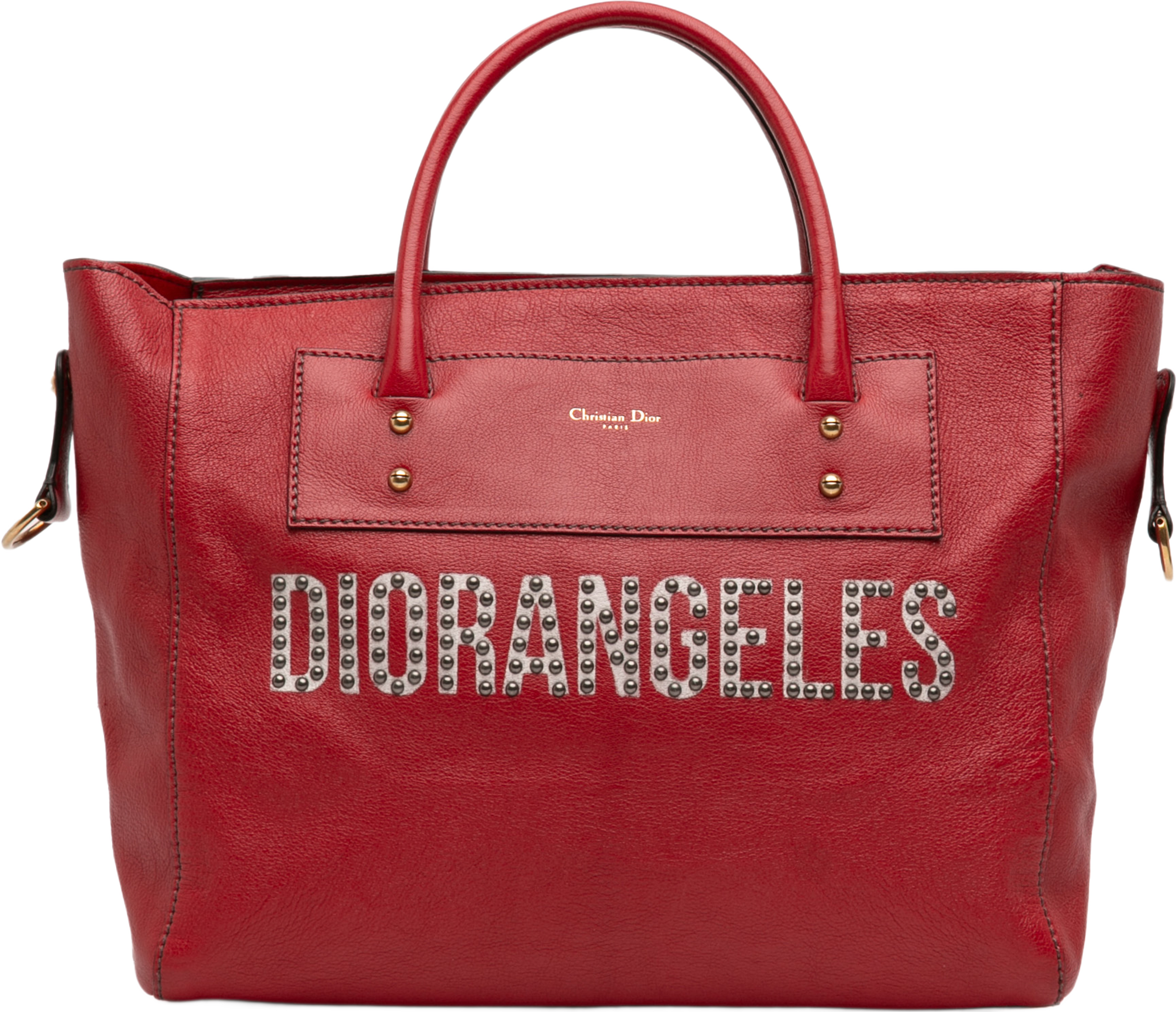 Dior Studded Goatskin Diorangeles Convertible Tote, från Luxclusif, i färgen red. Klicka för att öppna bilden i stort format