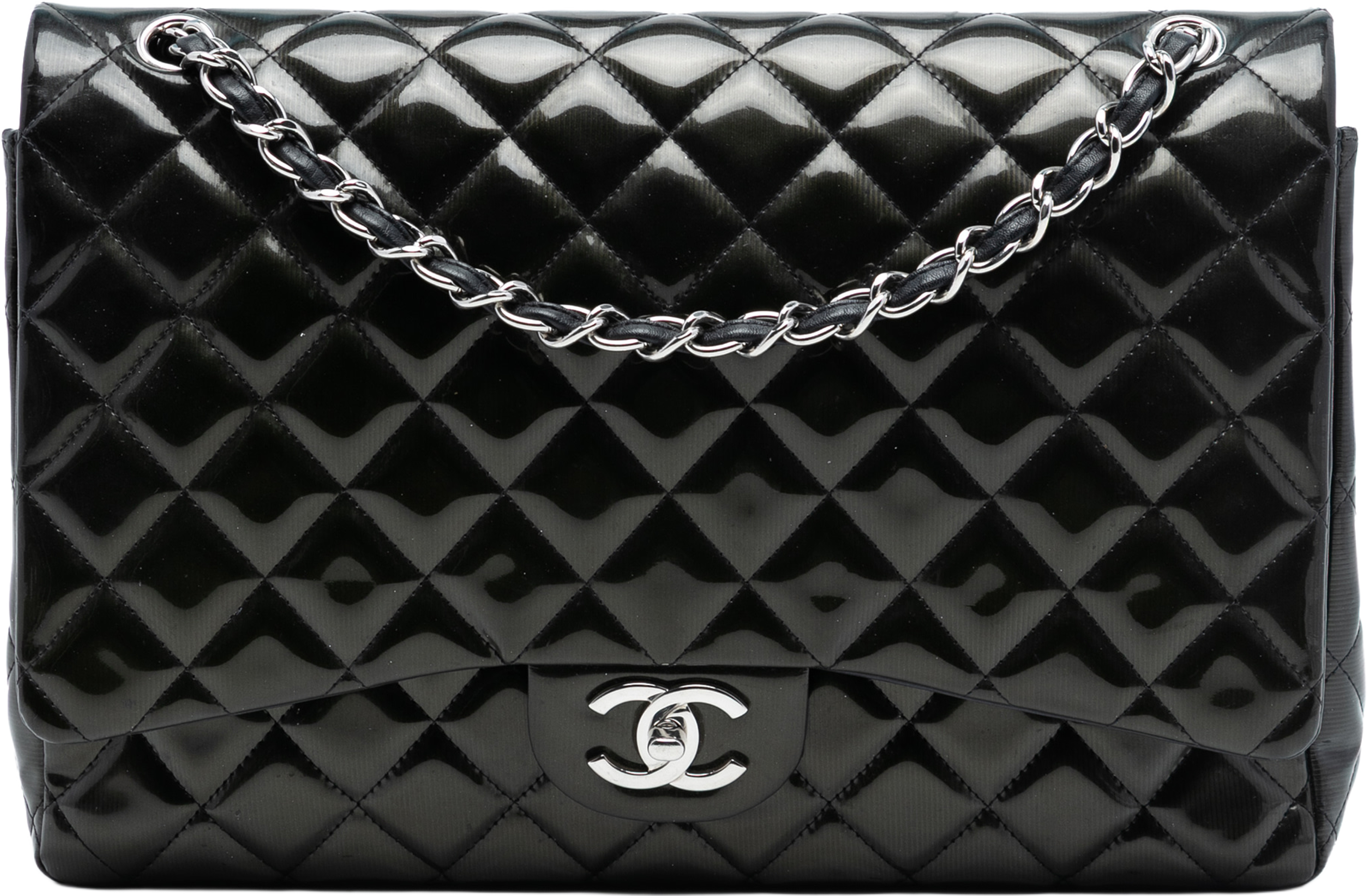 Chanel Maxi Classic Striped Patent Double Flap, från Luxclusif, i färgen black. Klicka för att öppna bilden i stort format