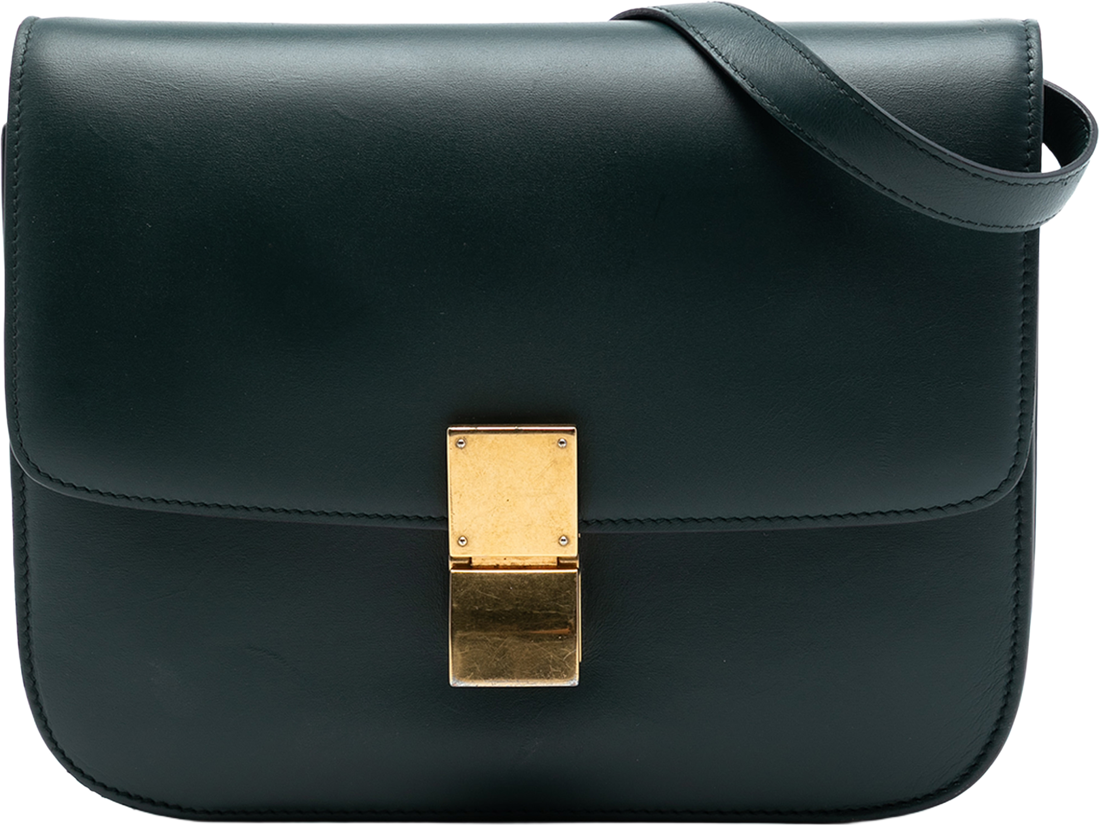 Celine Medium Calfskin Classic Box, från Luxclusif, i färgen dark green. Klicka för att öppna bilden i stort format