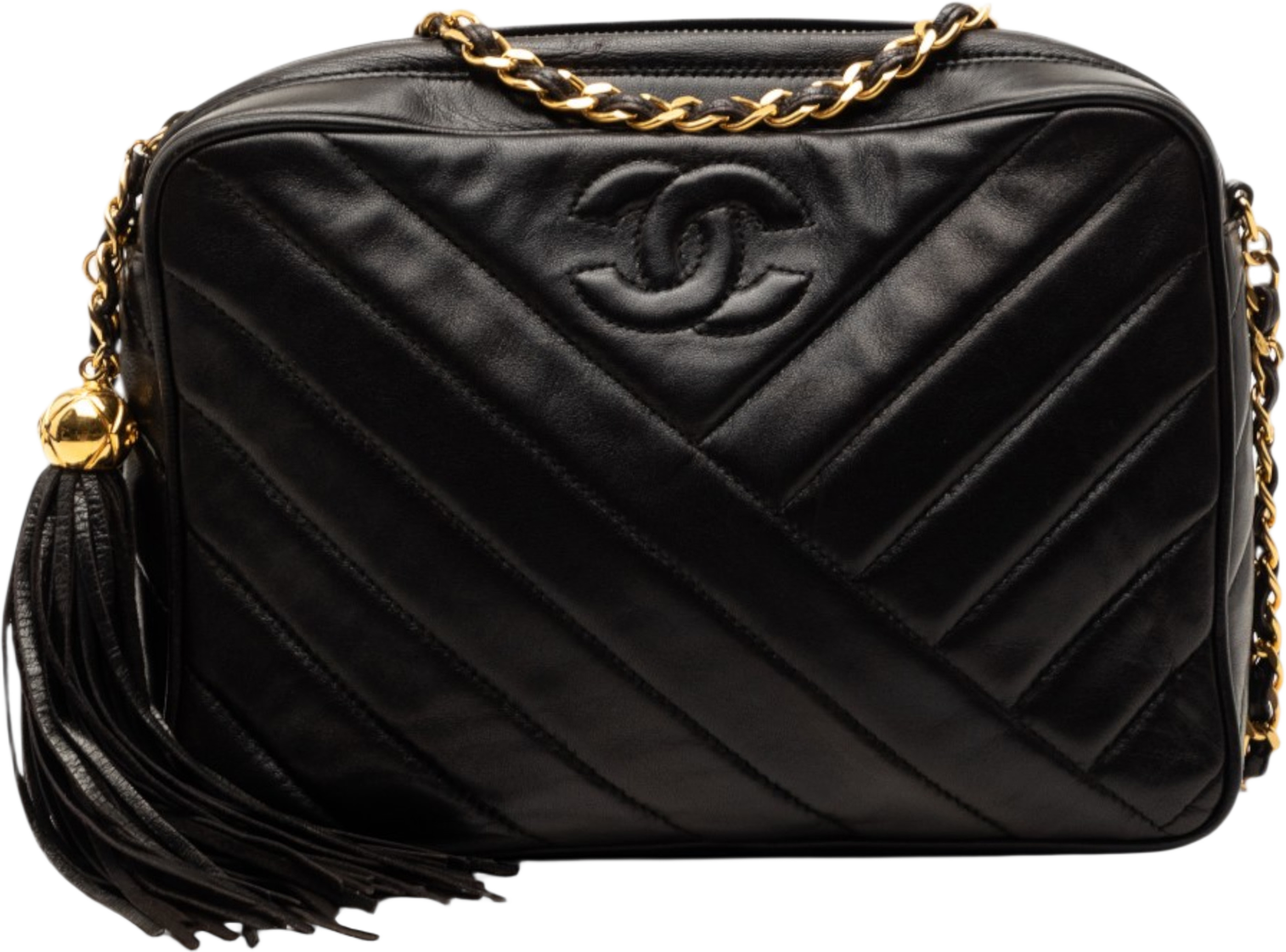 Chanel Cc Diagonal Quilted Lambskin Tassel Camera Bag, från Luxclusif, i färgen black. Klicka för att öppna bilden i stort format