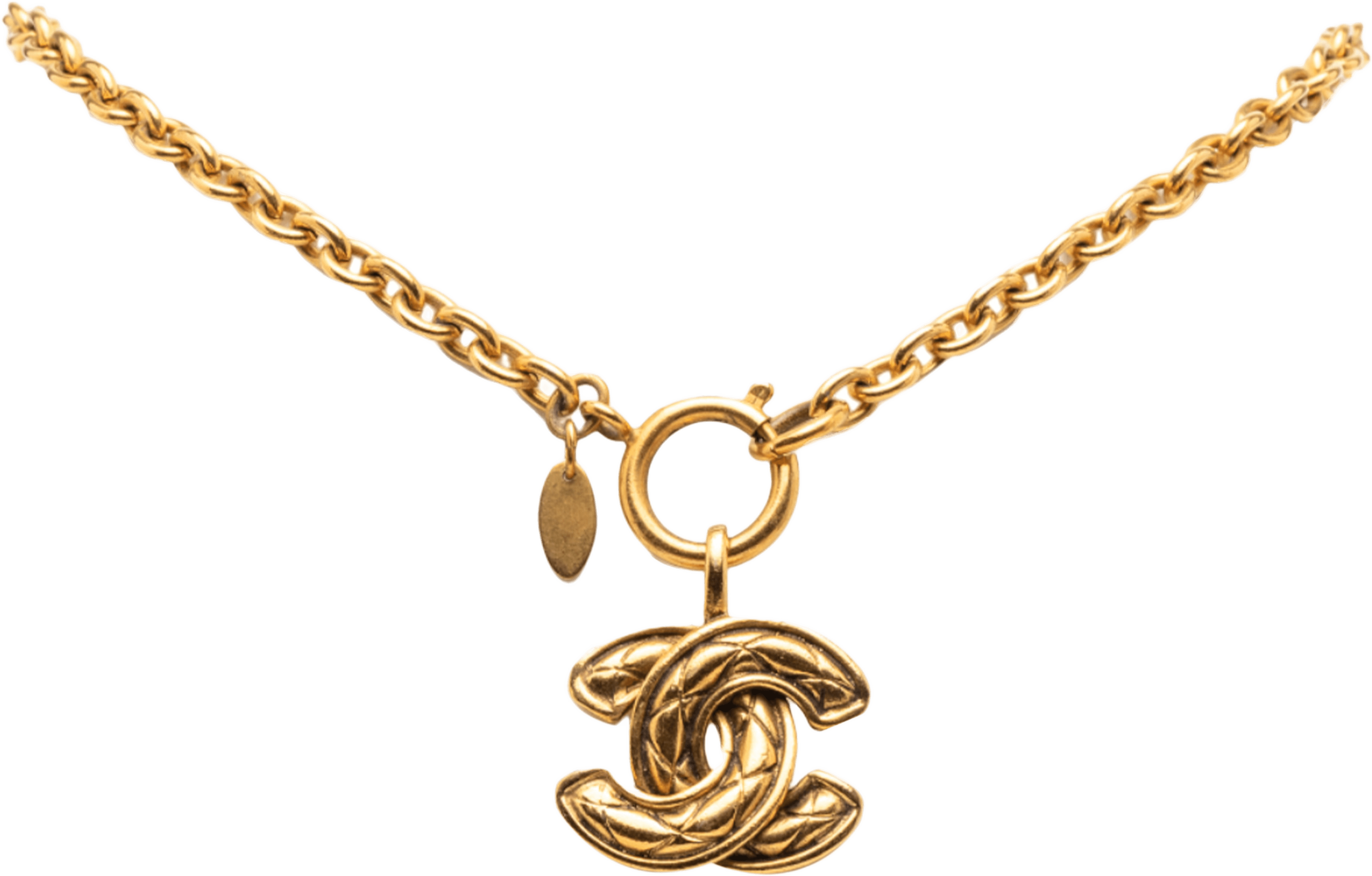 Chanel Gold Plated Quilted Cc Pendant Necklace, från Luxclusif, i färgen gold. Klicka för att öppna bilden i stort format