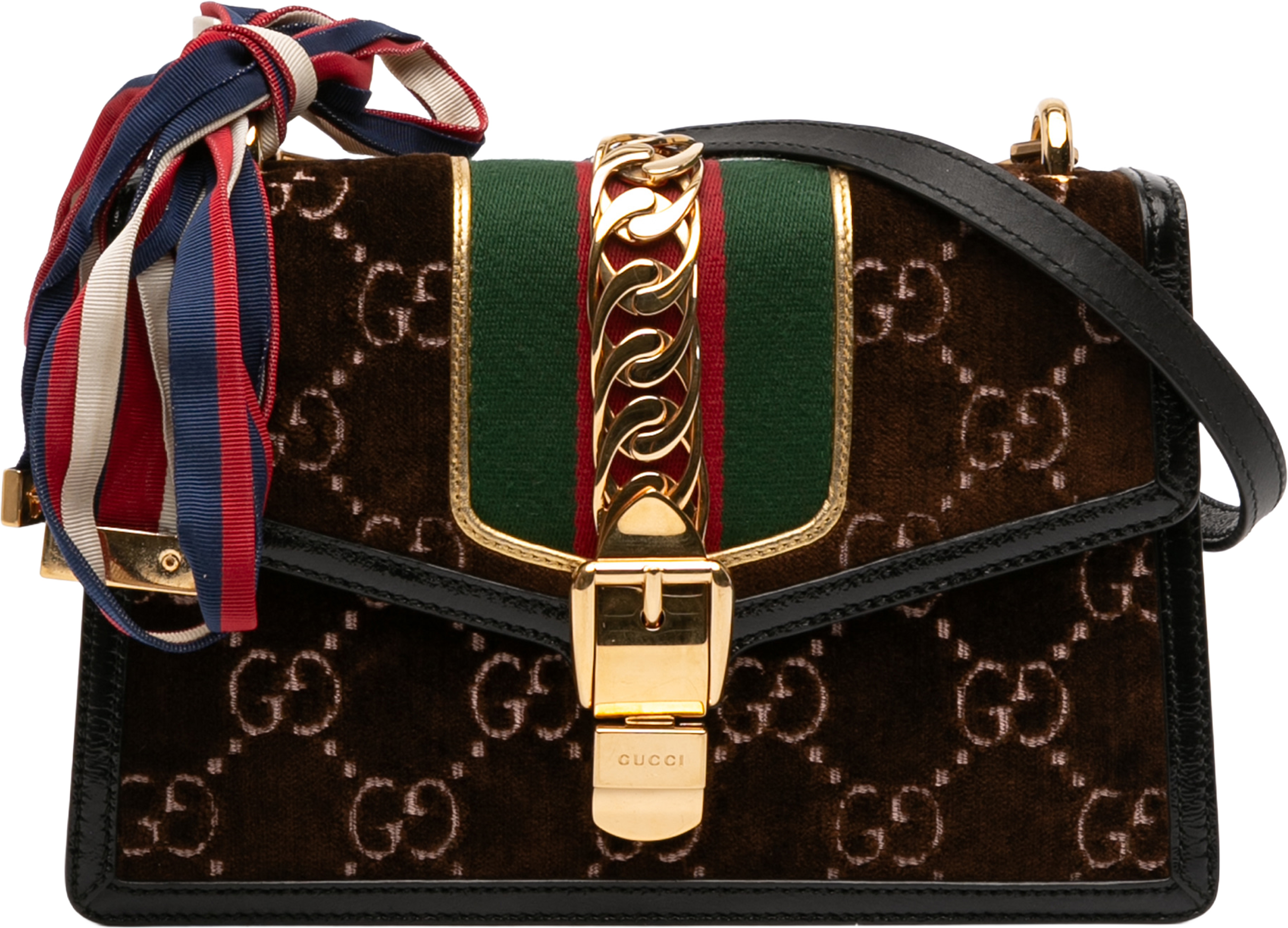 Gucci Small Gg Velvet Sylvie Crossbody, från Luxclusif, i färgen dark brown. Klicka för att öppna bilden i stort format