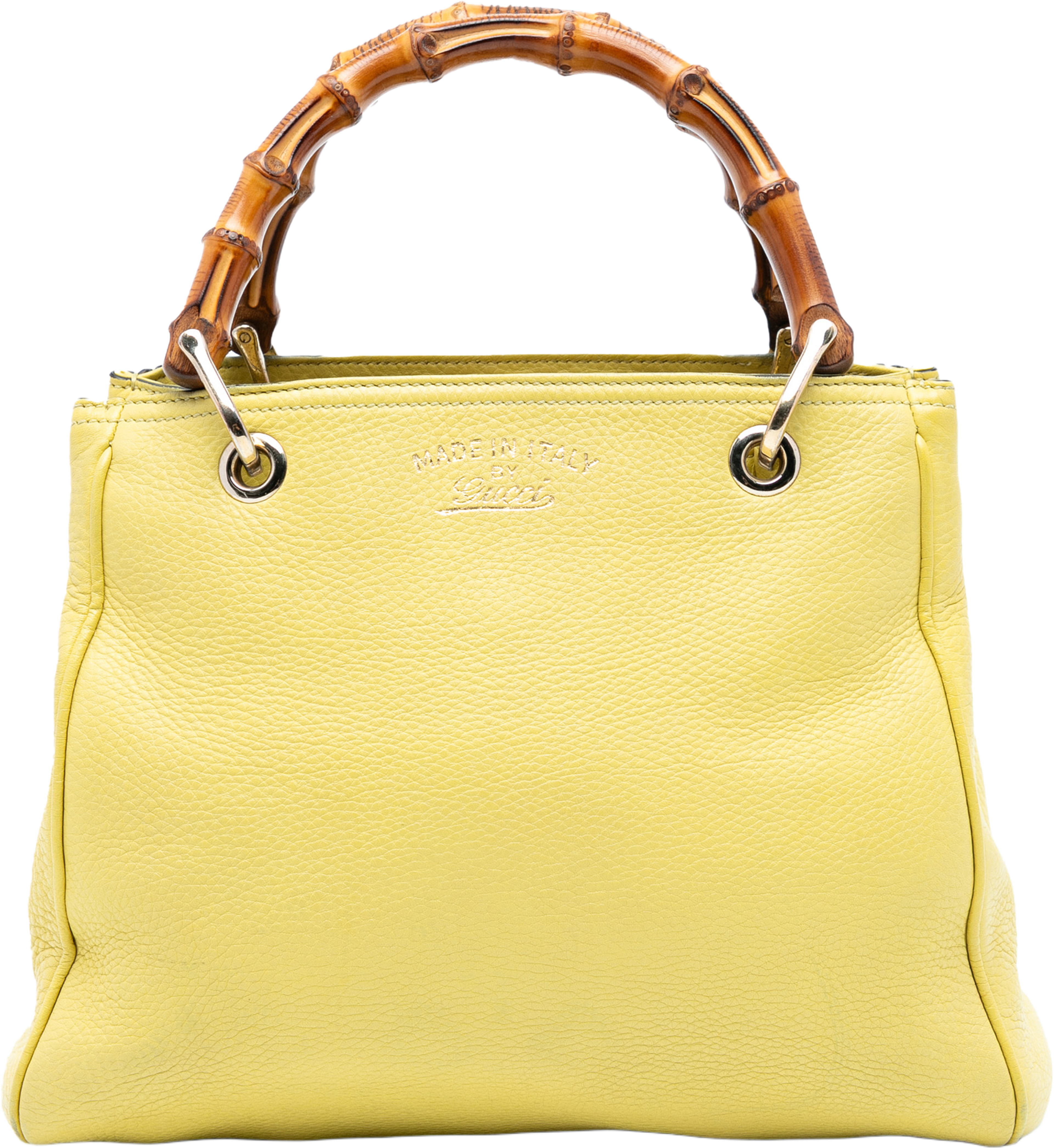 Gucci Small Calfskin Bamboo Shopper Satchel, från Luxclusif, i färgen yellow. Klicka för att öppna bilden i stort format