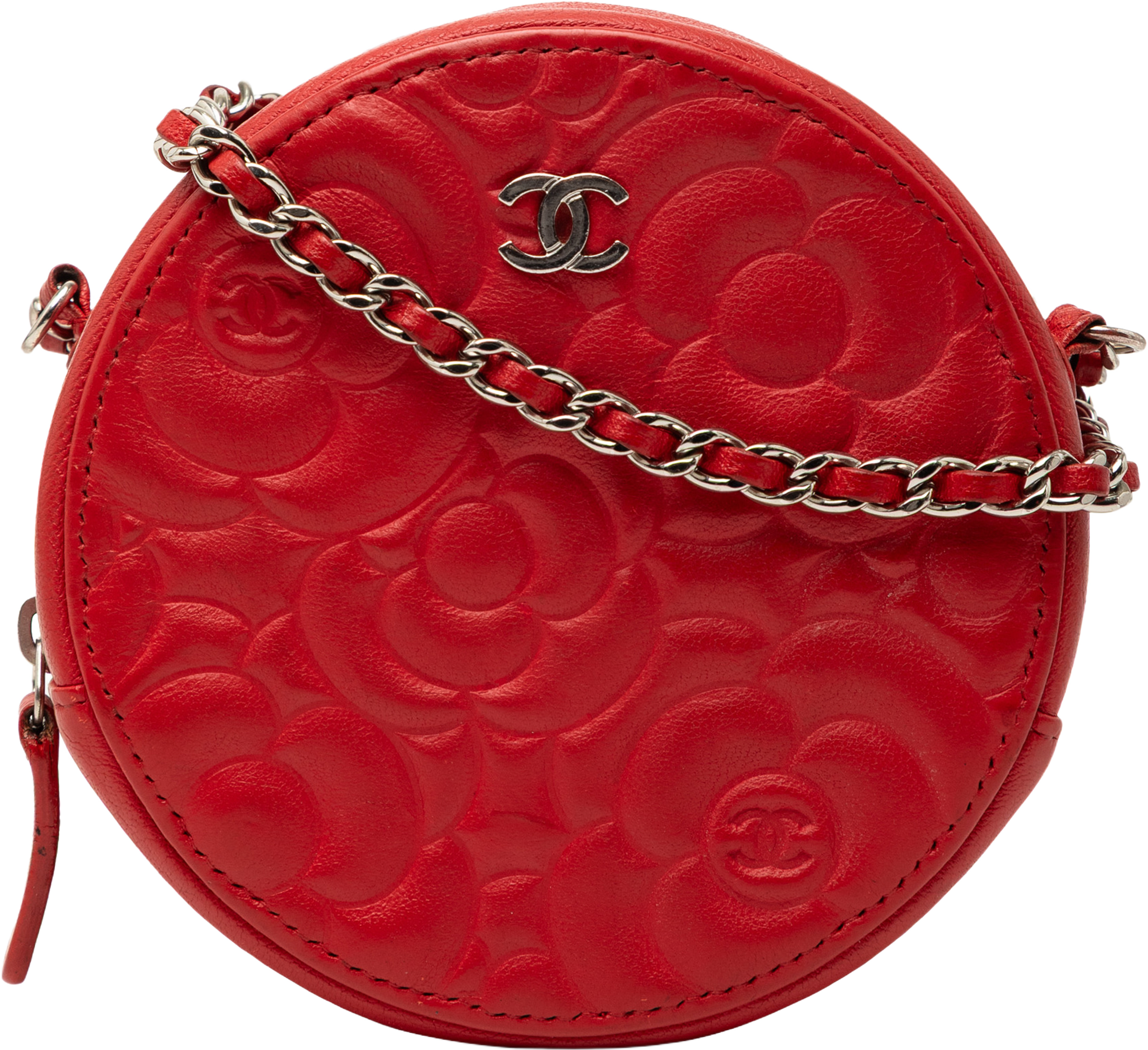 Chanel Cc Goatskin Camellia Round Clutch With Chain, från Luxclusif, i färgen red. Klicka för att öppna bilden i stort format