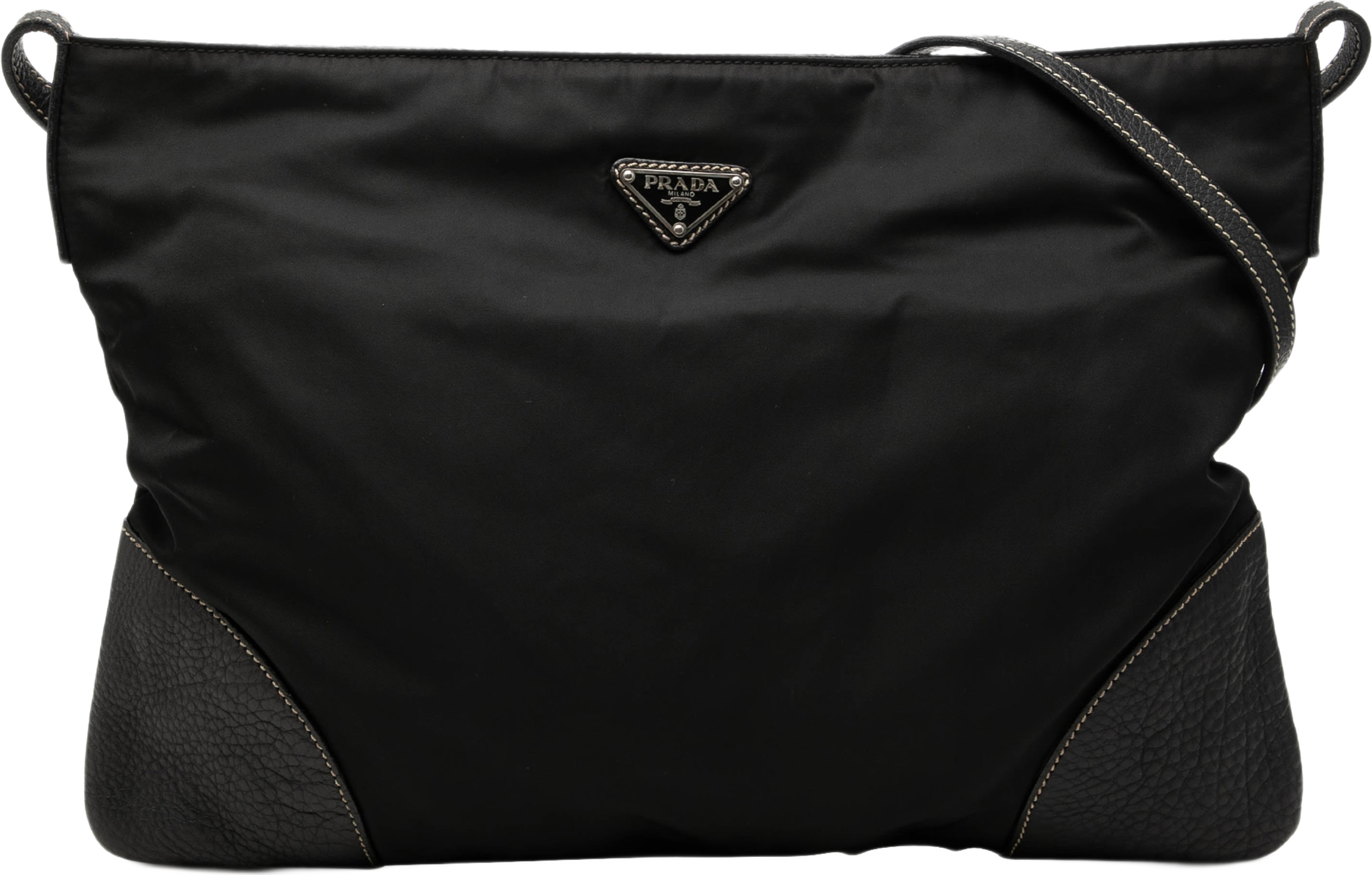 Prada Vitello Daino Trimmed Tessuto Zip Top Crossbody, från Luxclusif, i färgen svart. Klicka för att öppna bilden i stort format