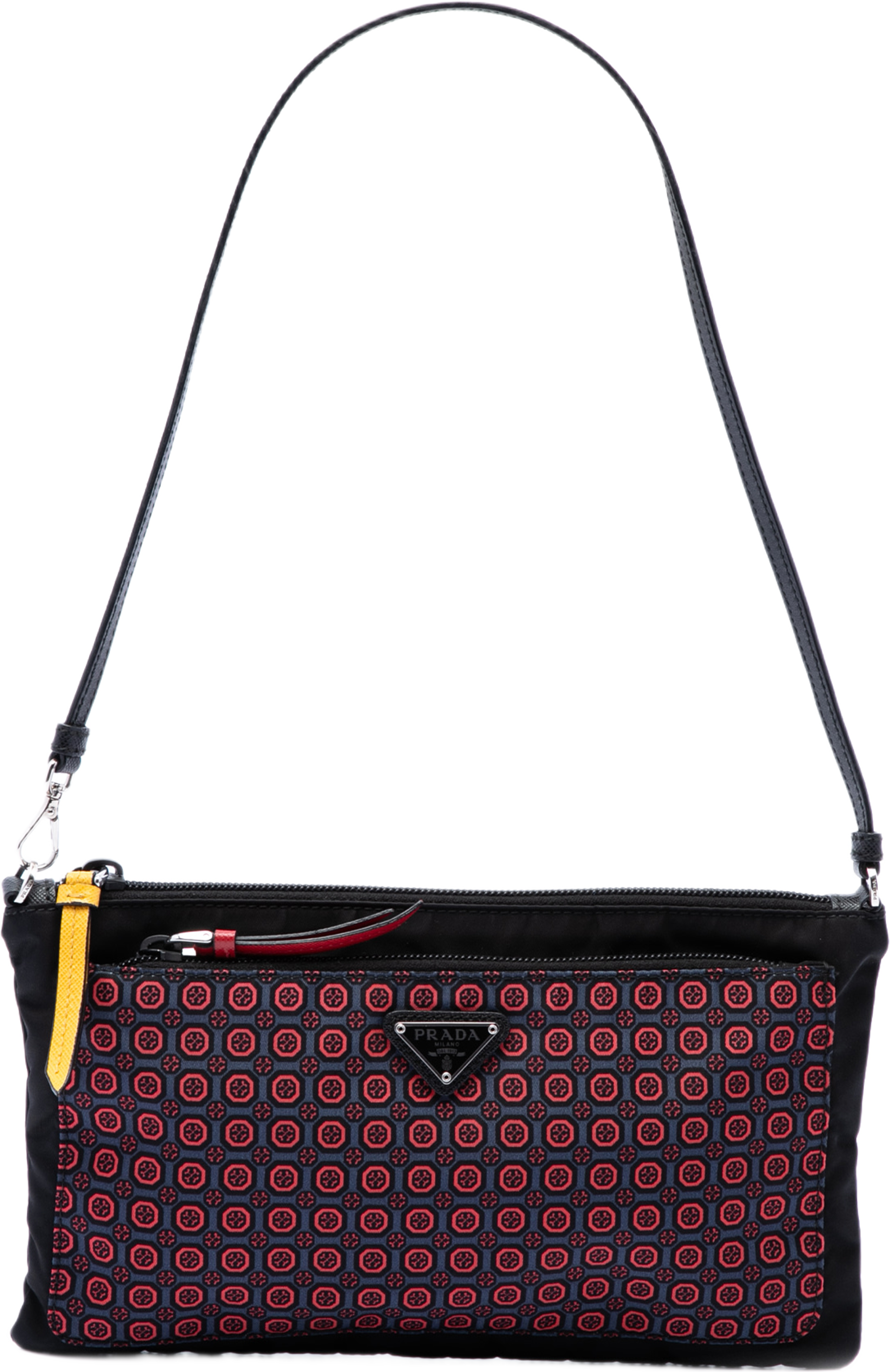 Prada Tessuto Stampato Geometric Shoulder Bag, från Luxclusif, i färgen svart. Klicka för att öppna bilden i stort format