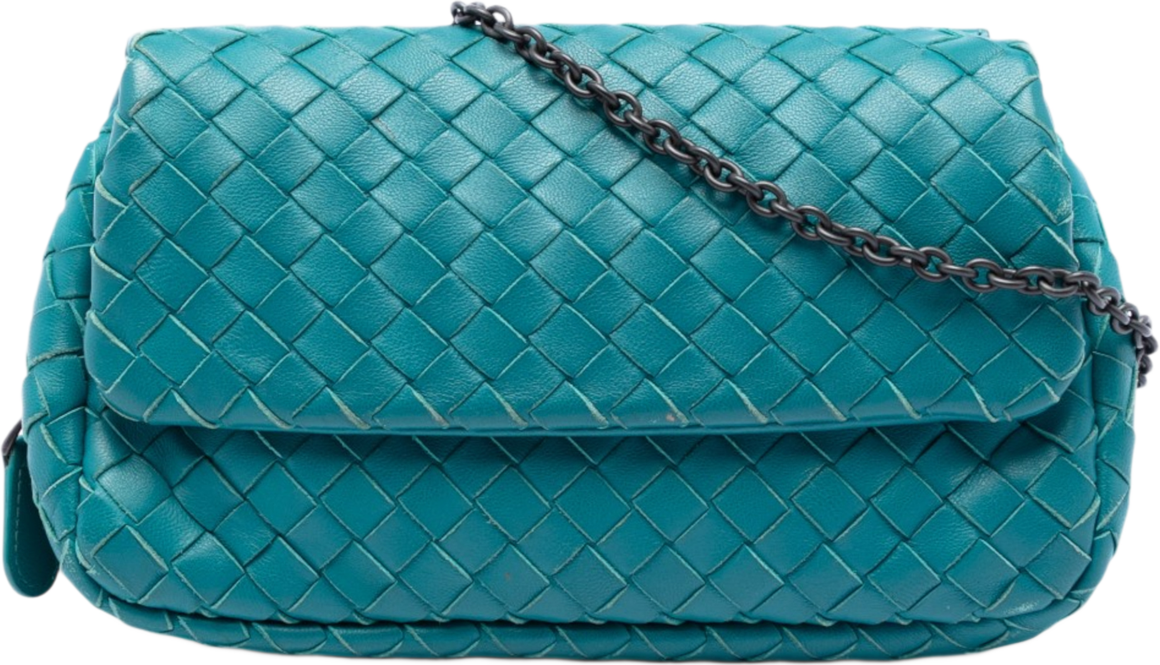 Bottega Veneta Mini Nappa Intrecciato Expandable Chain Crossbody, från Luxclusif, i färgen turquoise. Klicka för att öppna bilden i stort format