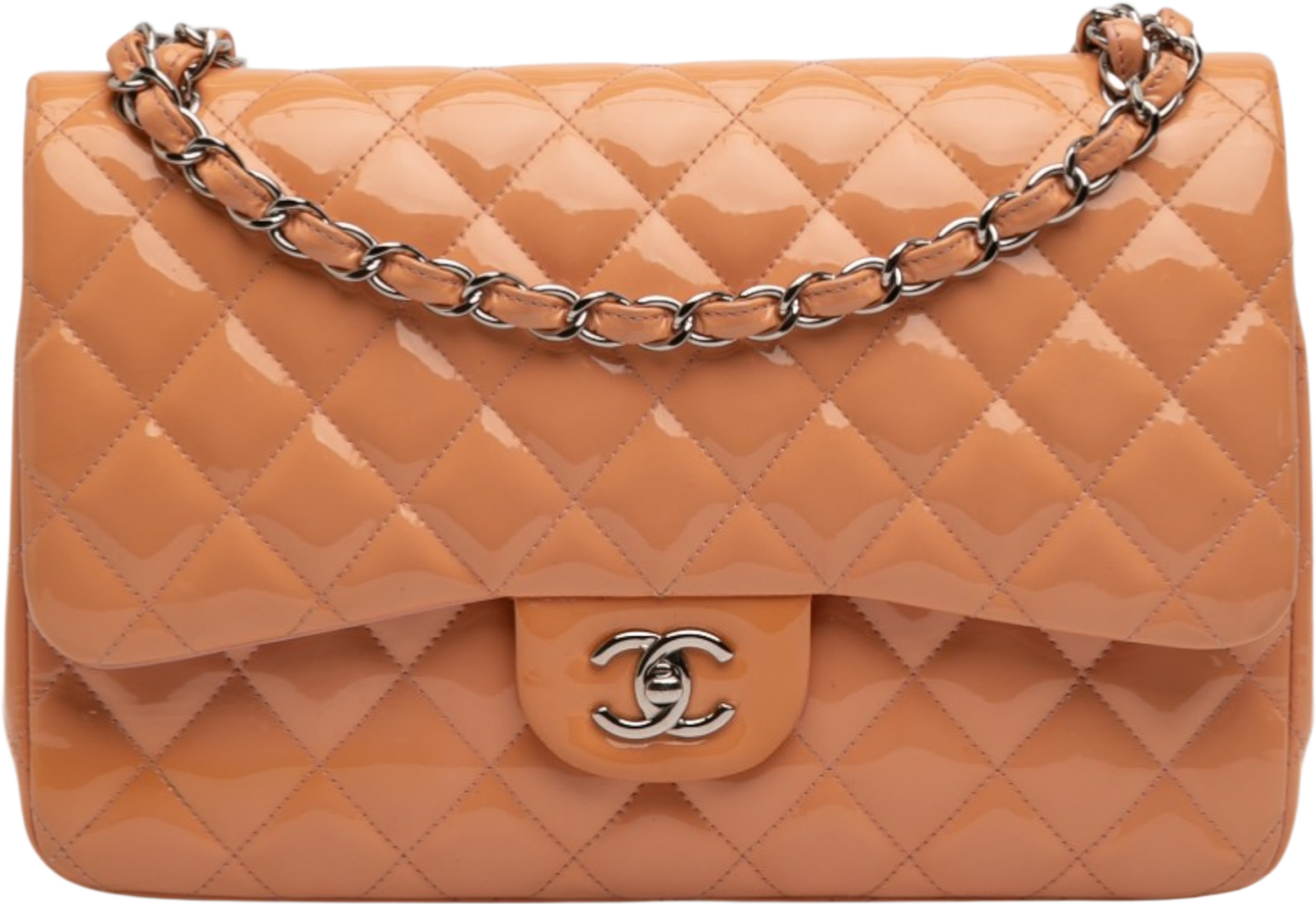 Chanel Jumbo Classic Patent Double Flap, från Luxclusif, i färgen orange. Klicka för att öppna bilden i stort format