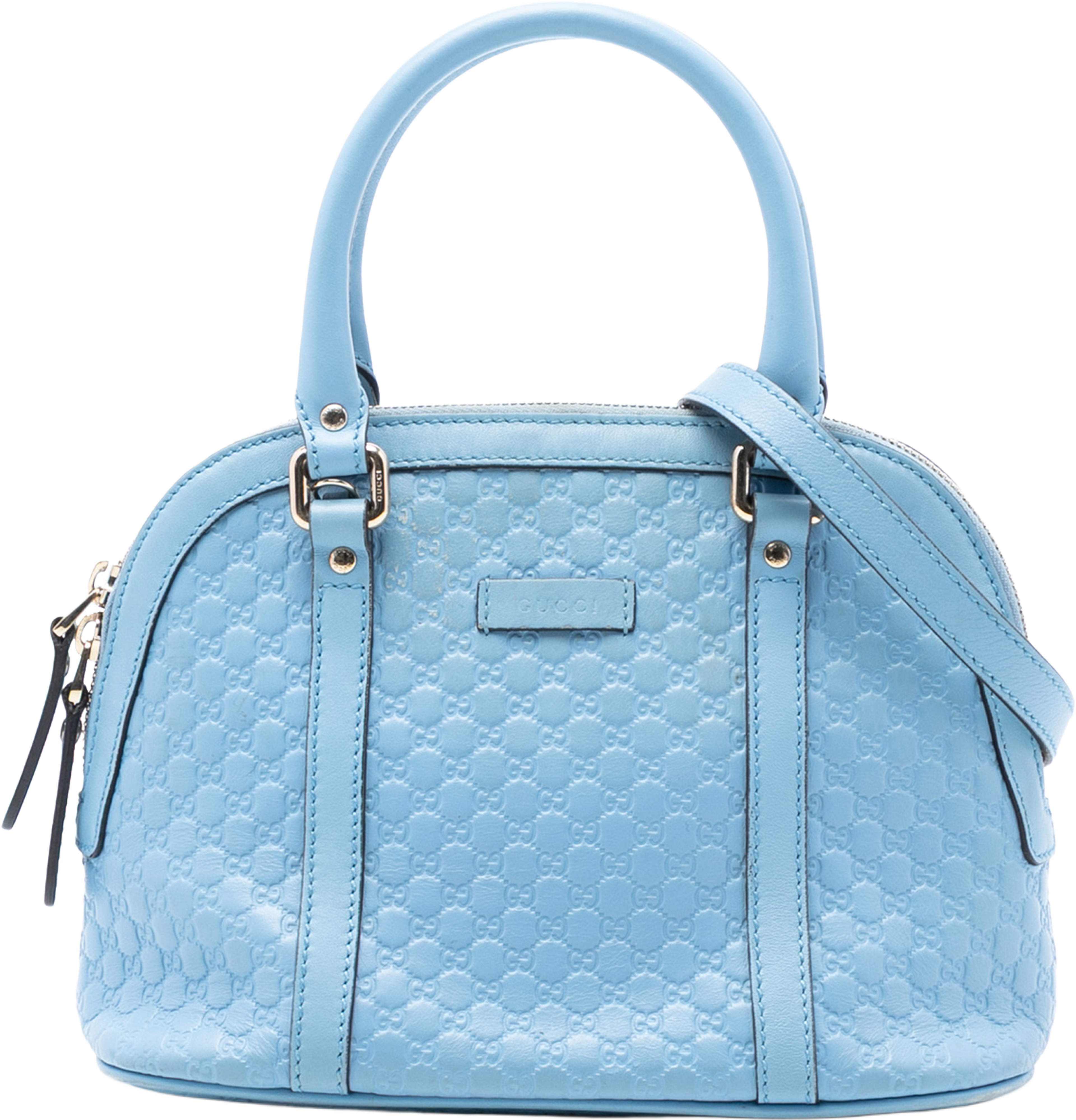 Gucci Mini Microguccissima Dome Satchel, från Luxclusif, i färgen light blue. Klicka för att öppna bilden i stort format