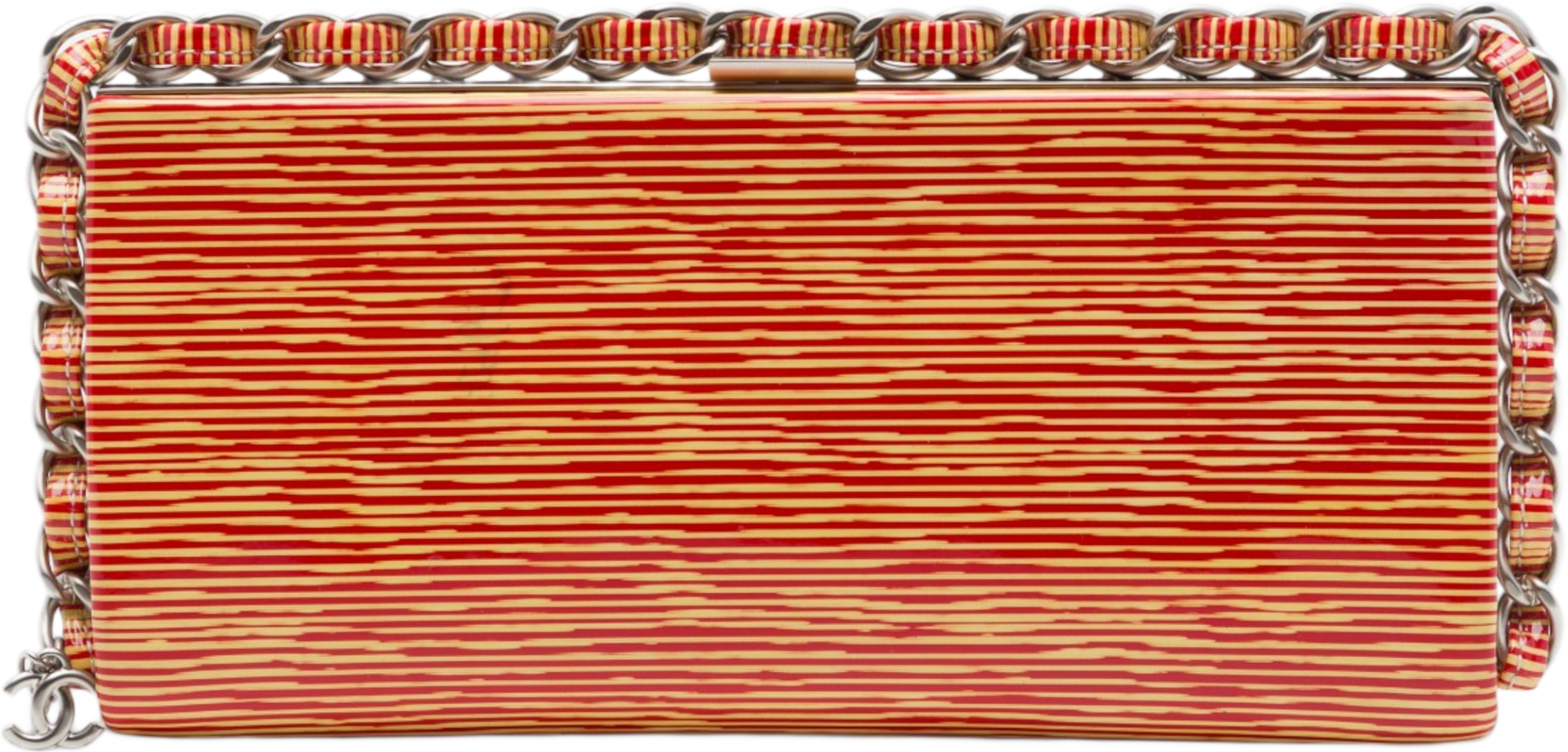 Chanel Cc Patent Striped Chain Around Clutch, från Luxclusif, i färgen orange. Klicka för att öppna bilden i stort format