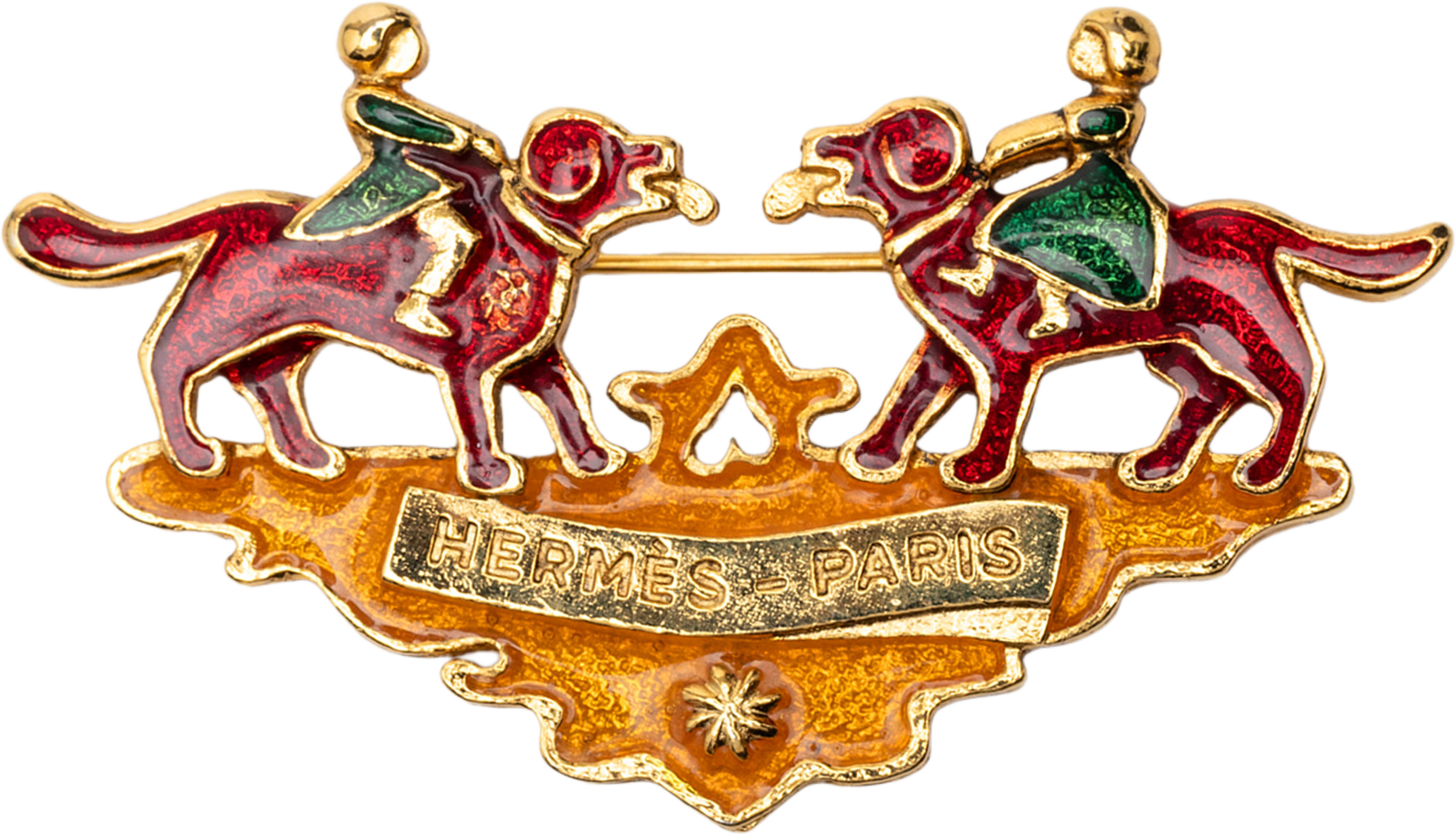 Hermès Gold Plated Enamel Children And Dogs Brooch, från Luxclusif, i färgen gold. Klicka för att öppna bilden i stort format