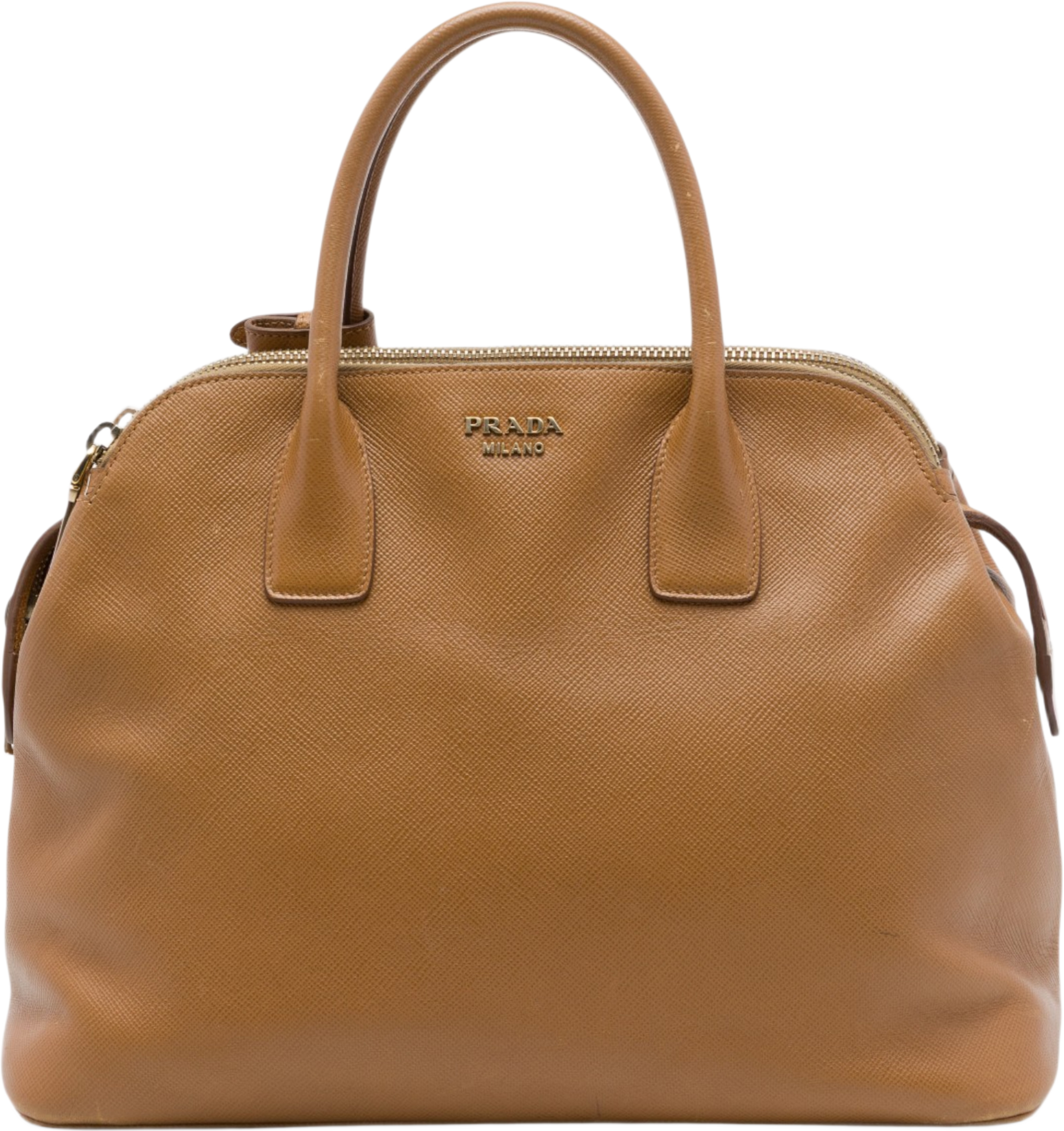 Prada Saffiano Triple Zip Dome Tote, från Luxclusif, i färgen brun. Klicka för att öppna bilden i stort format