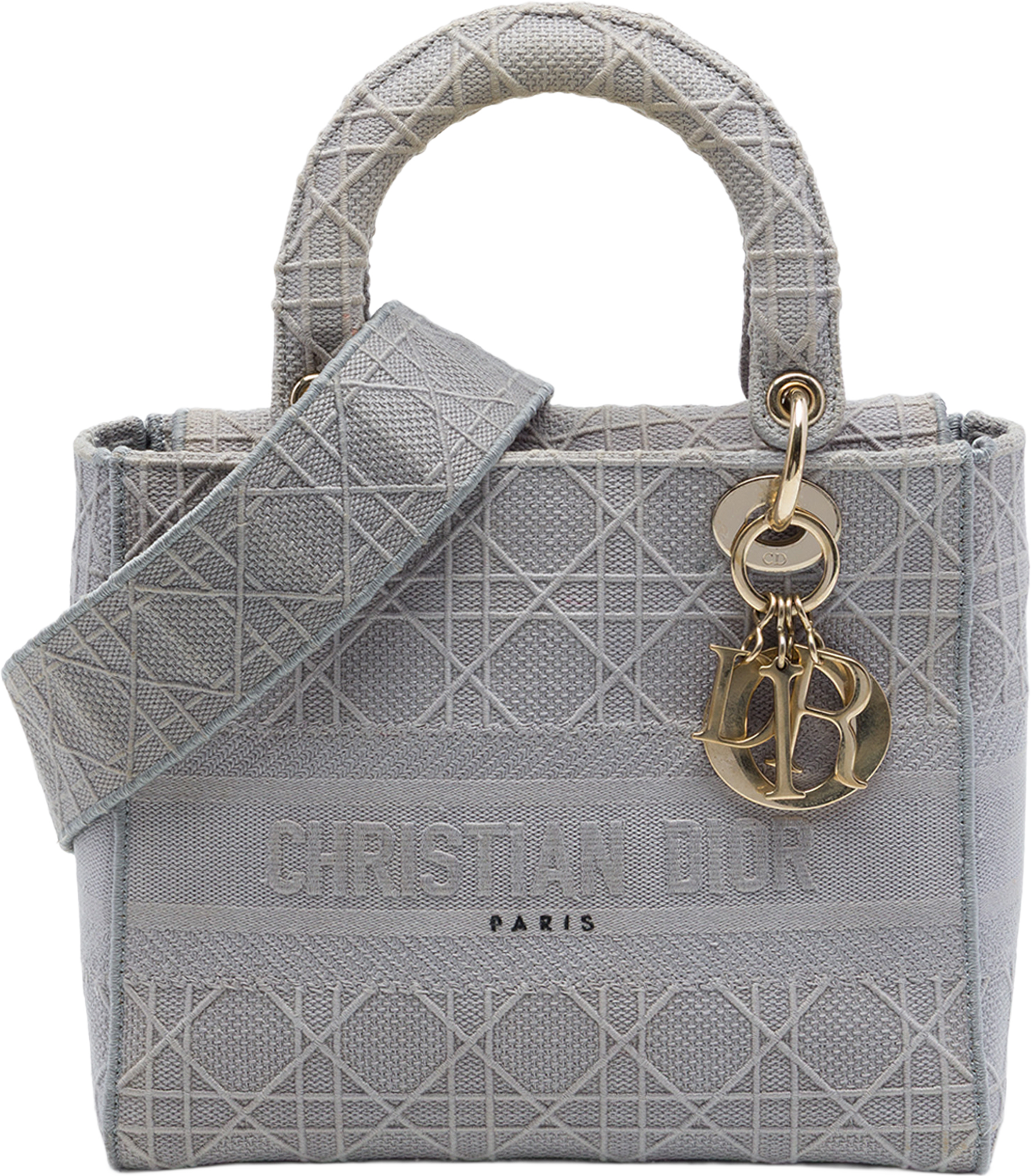 Dior Medium Embroidered Canvas Cannage Lady D Lite, från Luxclusif, i färgen grå. Klicka för att öppna bilden i stort format