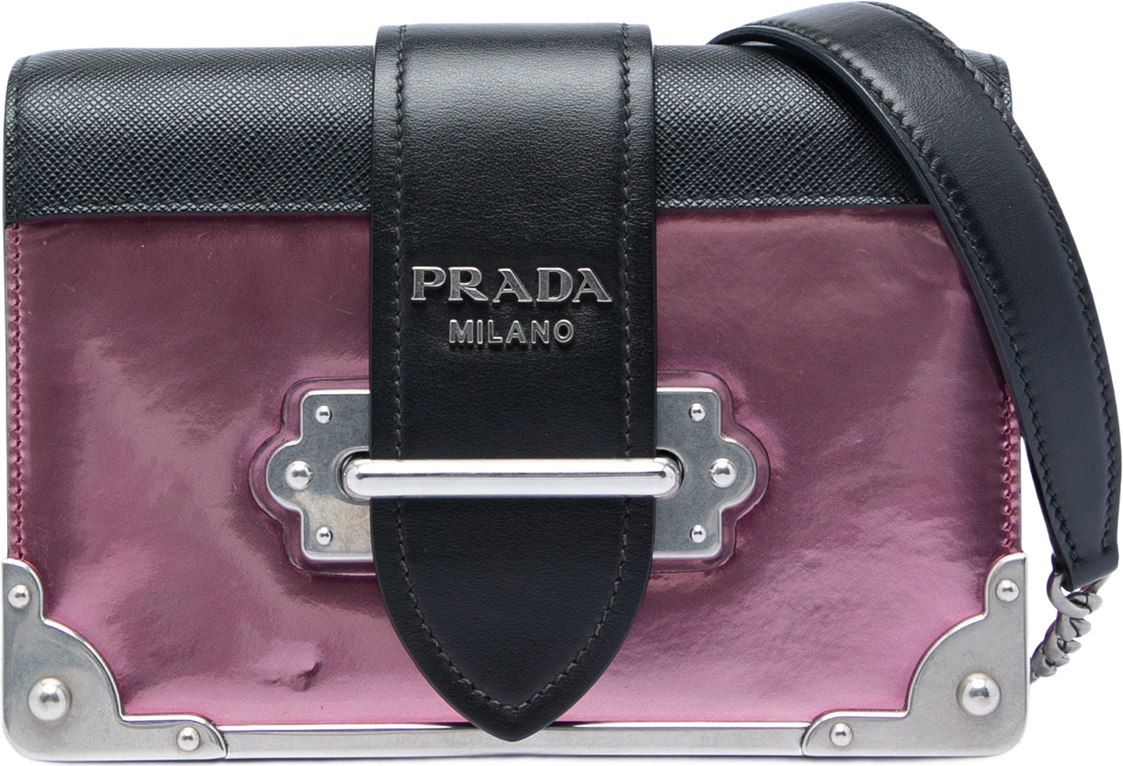 Prada Saffiano Trimmed Metallic Vitello Cahier Bag, från Luxclusif, i färgen rosa. Klicka för att öppna bilden i stort format