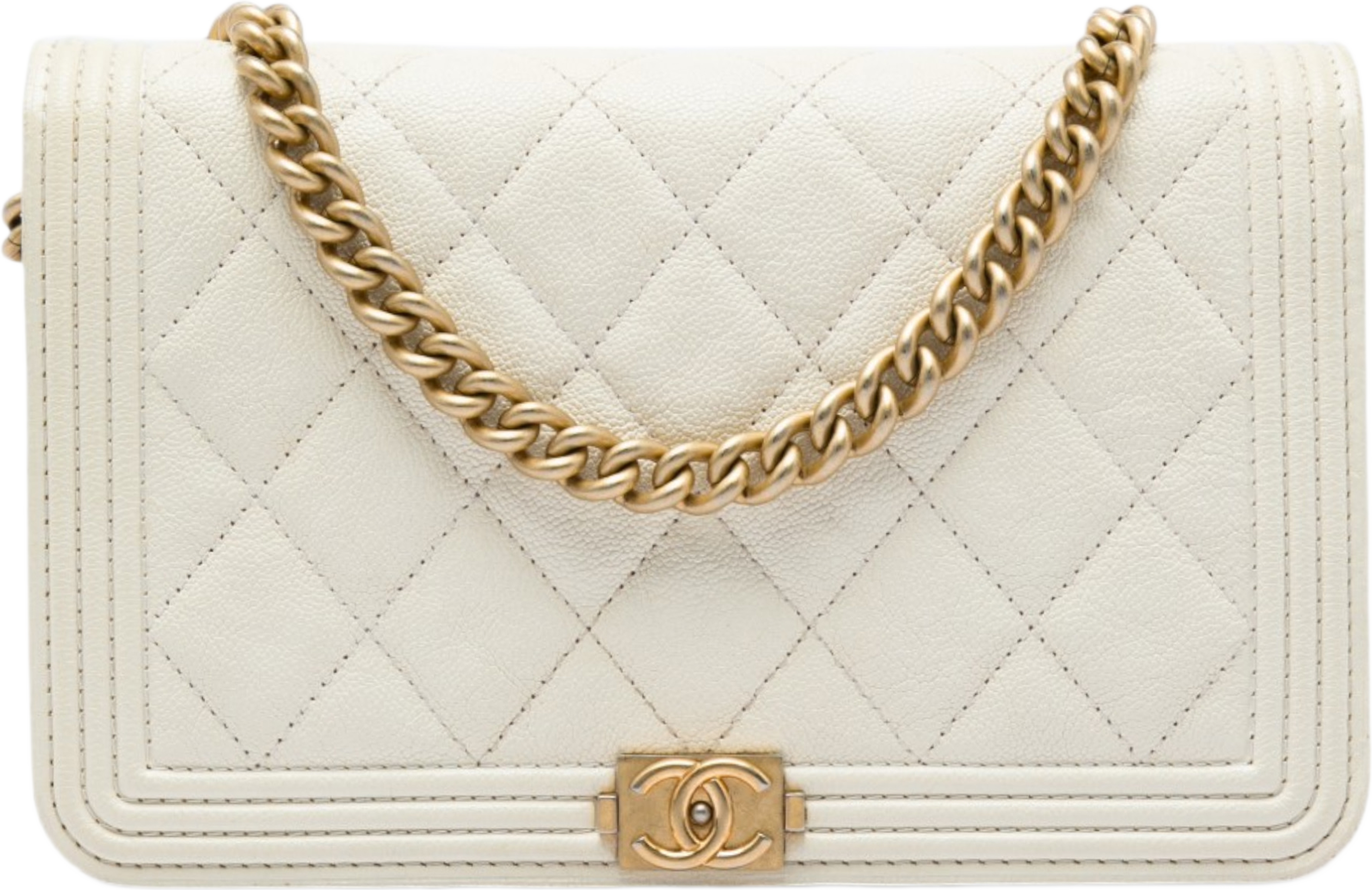 Chanel Quilted Caviar Boy Wallet On Chain, från Luxclusif, i färgen vit. Klicka för att öppna bilden i stort format